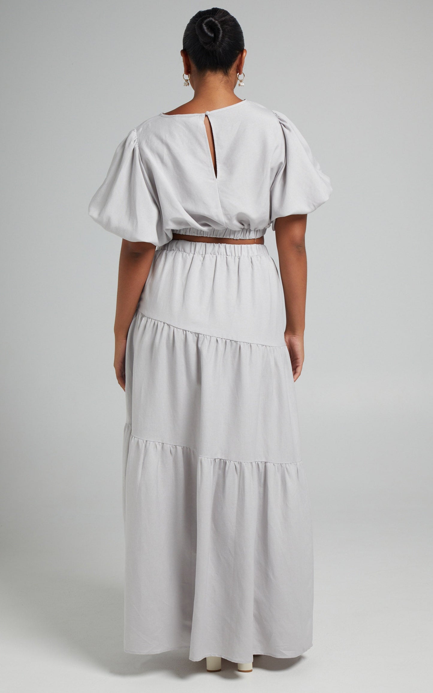 Astrid Two Piece Set - Linen Long Sleeve Top and Thigh Split Midi Skirt Set in Icy Grey