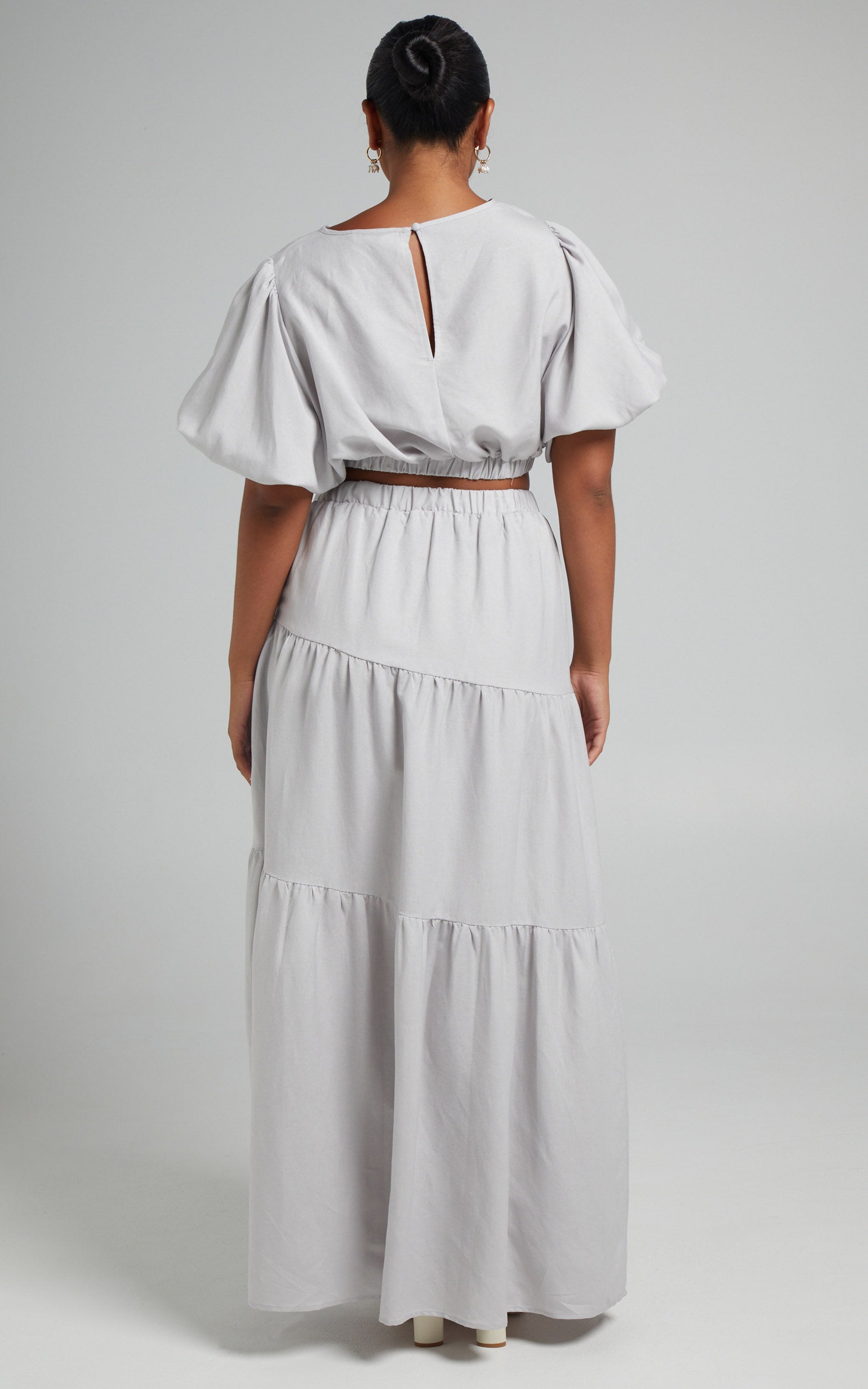 Astrid Two Piece Set - Linen Long Sleeve Top and Thigh Split Midi Skirt Set in Icy Grey