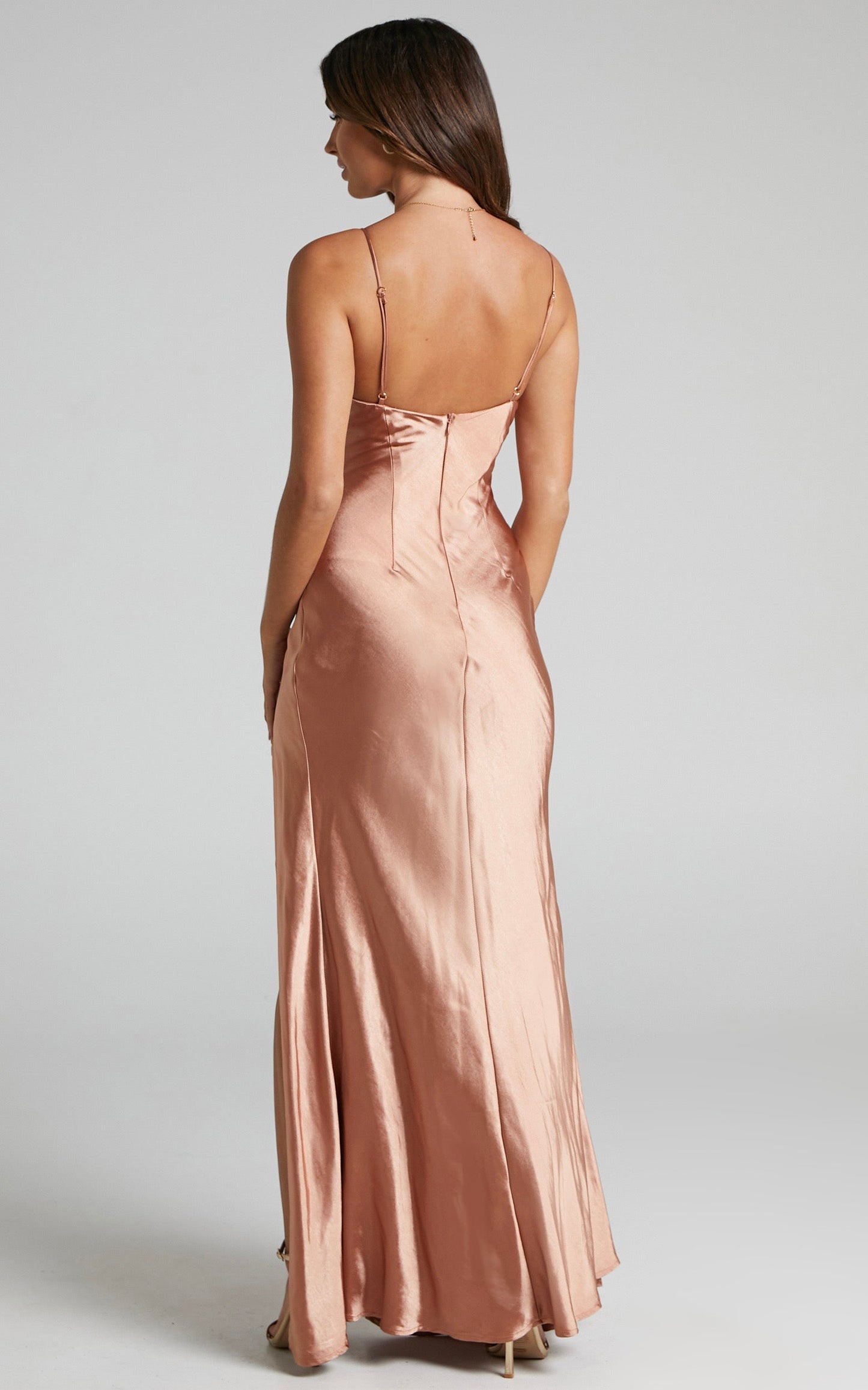 Remington Maxi Dress - Button Detail Split Bias Cut Satin Dress in Rose Gold