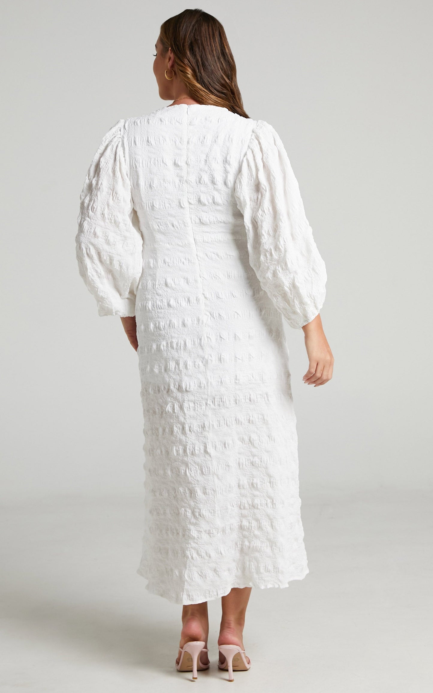 Tabatha Midi Dress - Puff Sleeve Cut Out Dress in White Check