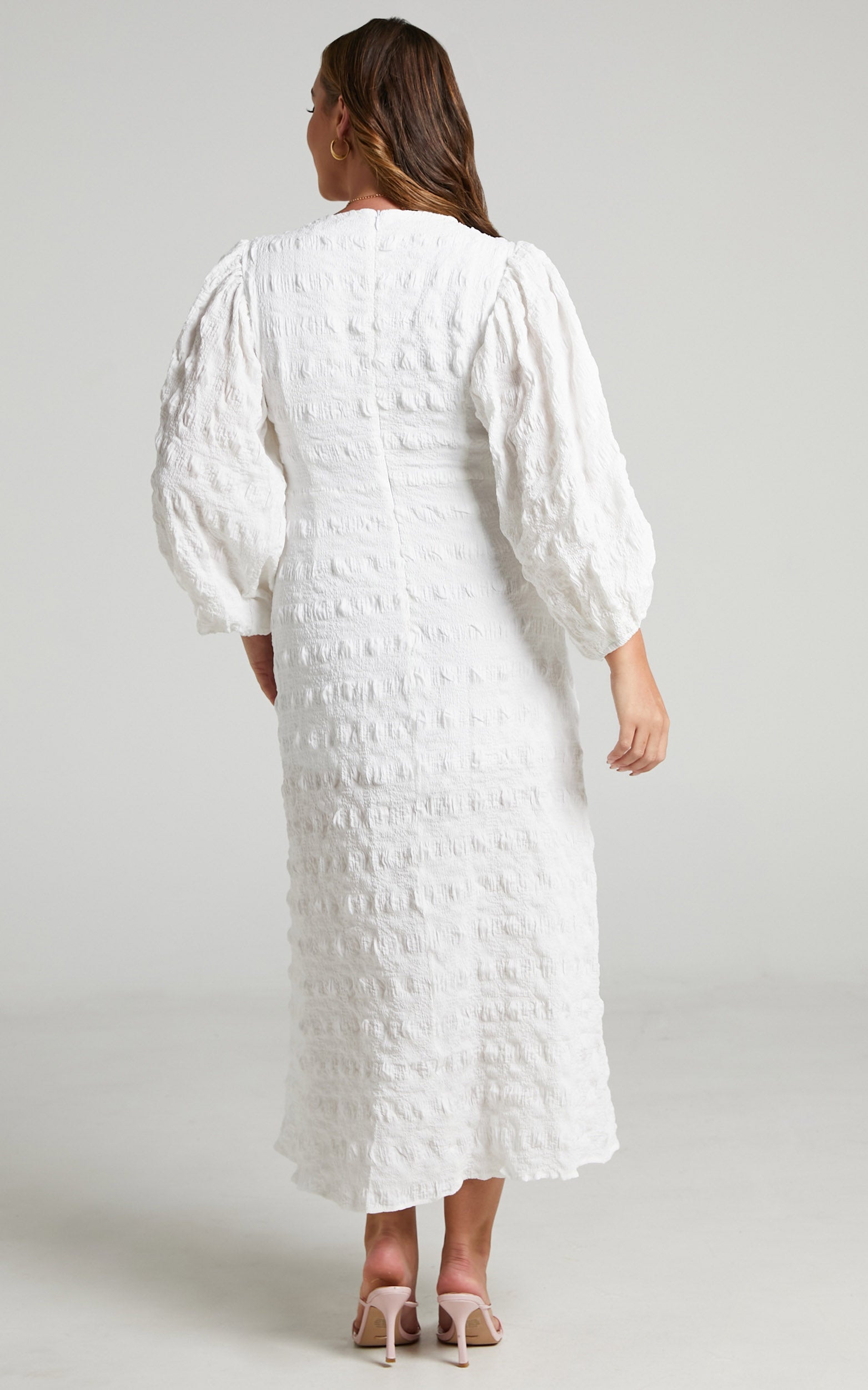 Tabatha Midi Dress - Puff Sleeve Cut Out Dress in White Check