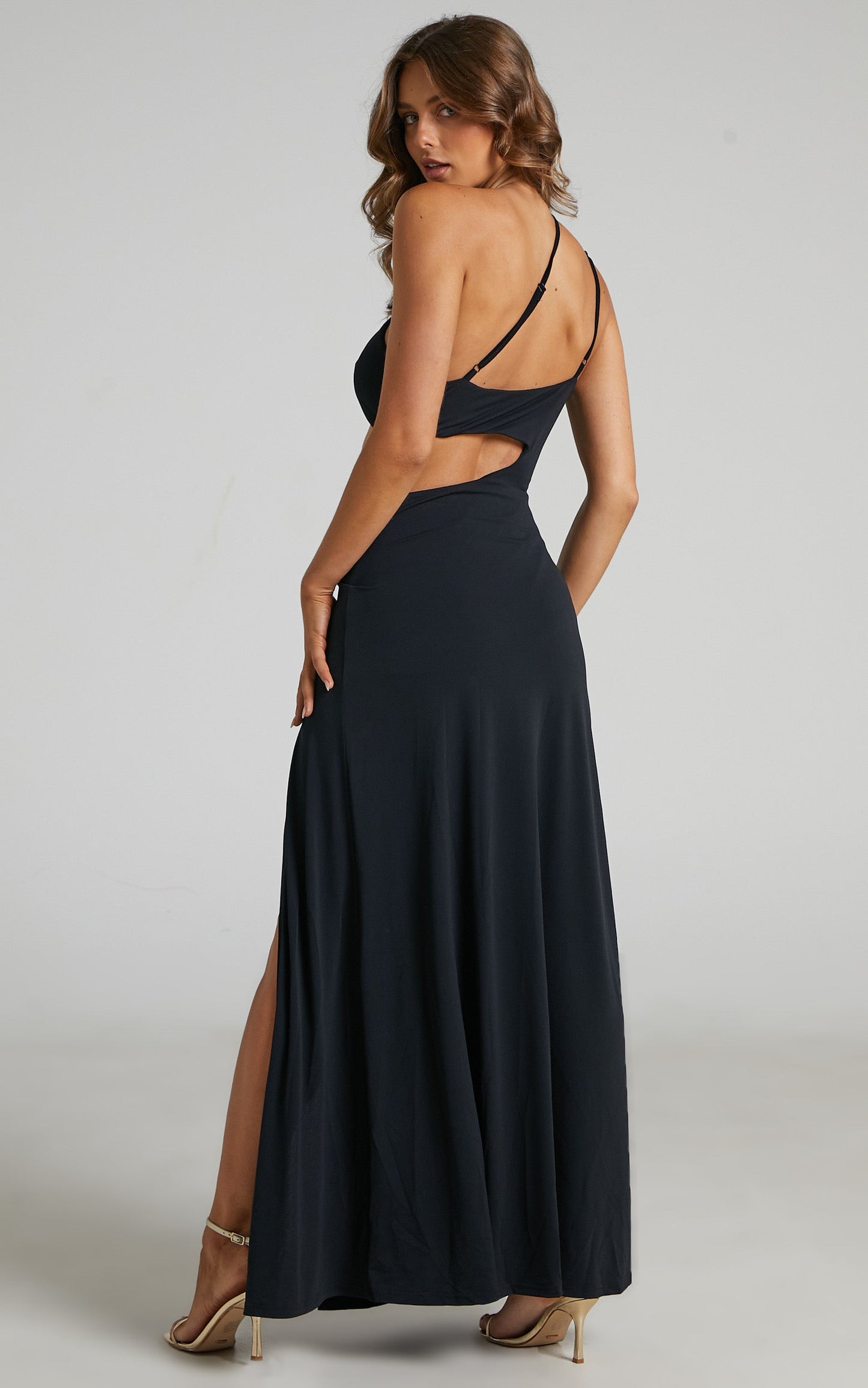 Zentia Asymmetric Cut Out One Shoulder Maxi Dress in Black