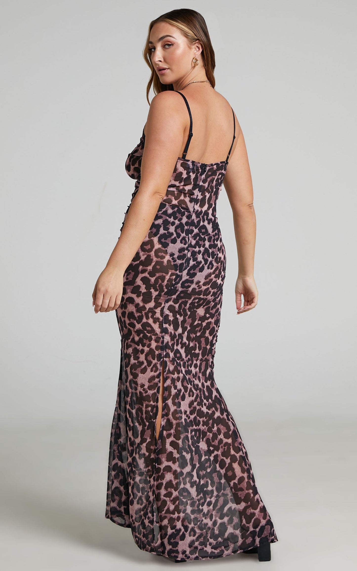 Zharina Midi Dress - Lace Up Front Sheer Dress in Leopard Print