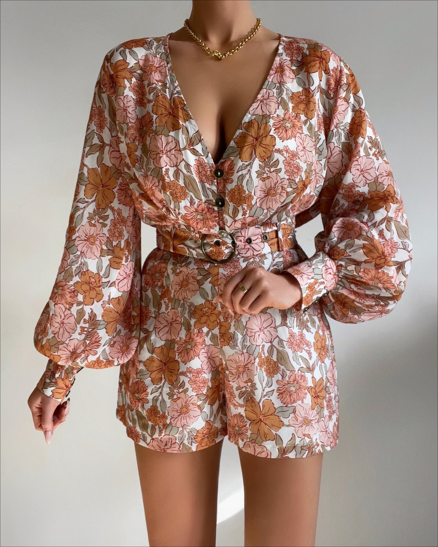 Amalie The Label - Lorete Linen Blend Belted Long Sleeve Playsuit in Wildflower Floral Print