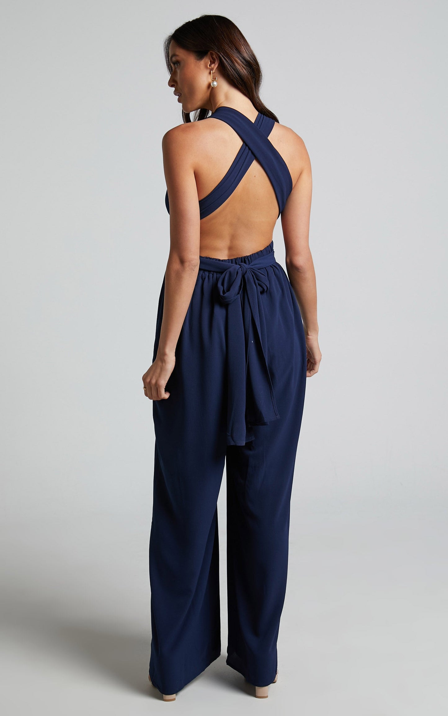 Girls Life Jumpsuit - Plunge Cross Back Tie Jumpsuit in Navy
