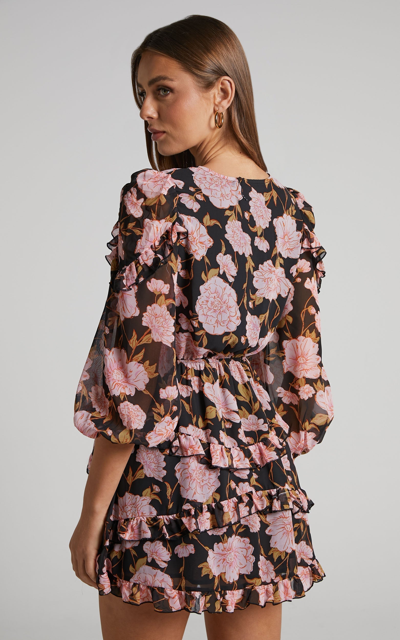 Haidy Mini Dress - Long Sleeve Plunge Tiered Dress in Romantic Floral