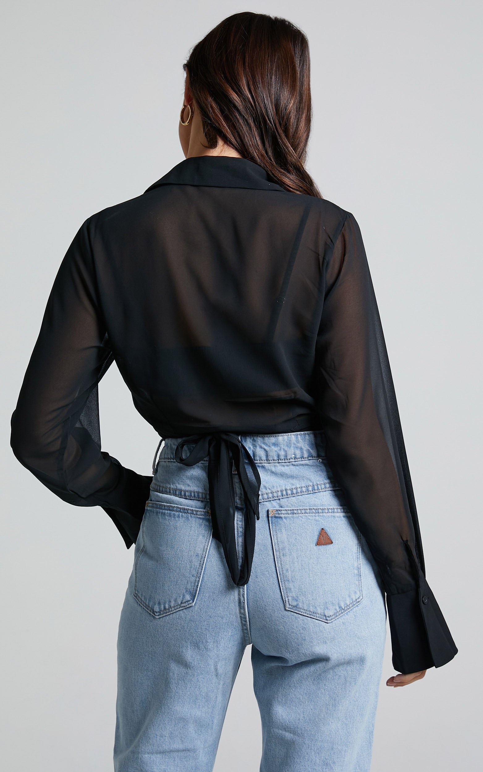 Jenxin Blouse - Sheer Collared Wrap Blouse in Black