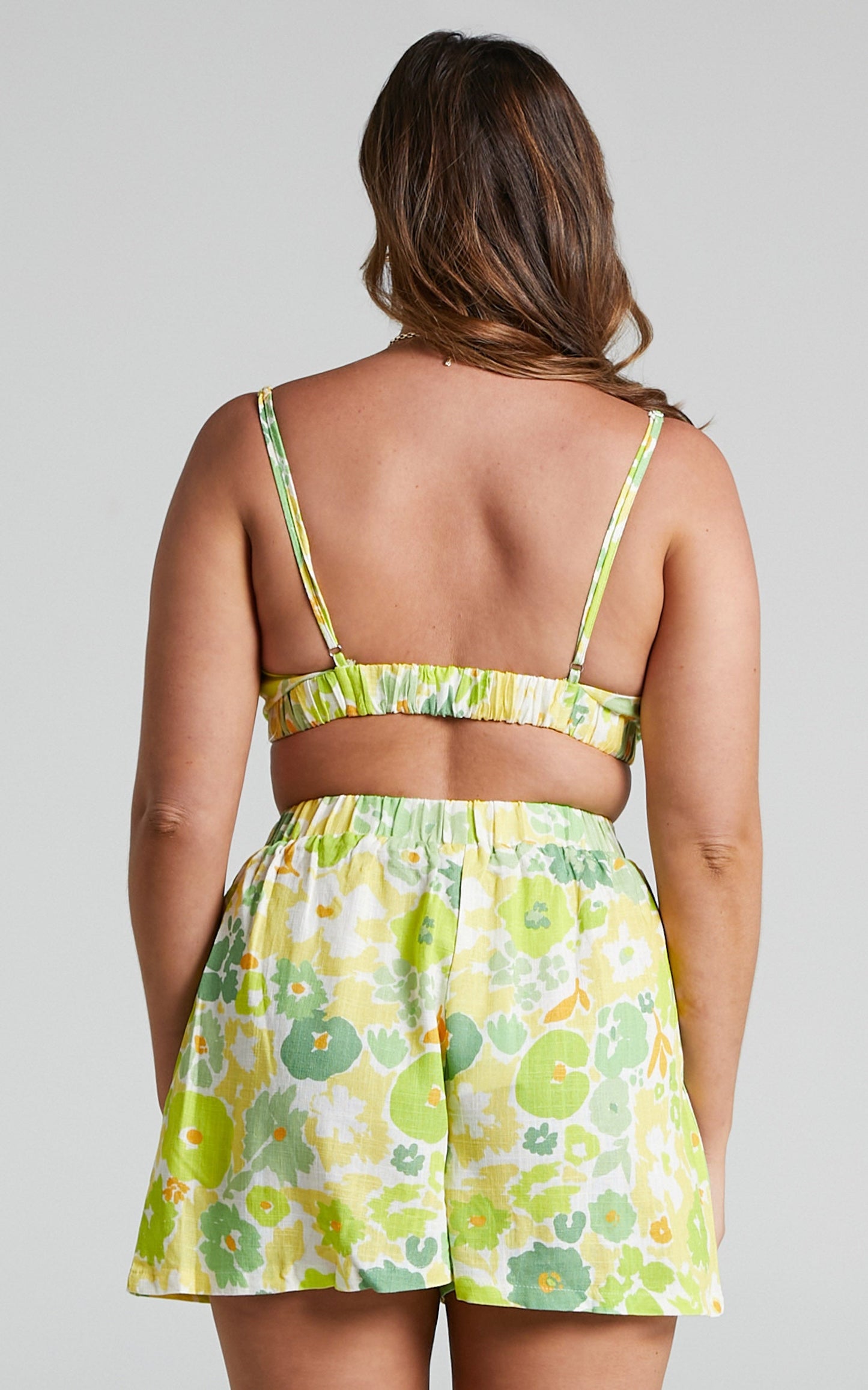 Nikoletta Three Piece Set - Linen Collared Shirt Bralette and Mini Skirt in Pine Lime Print