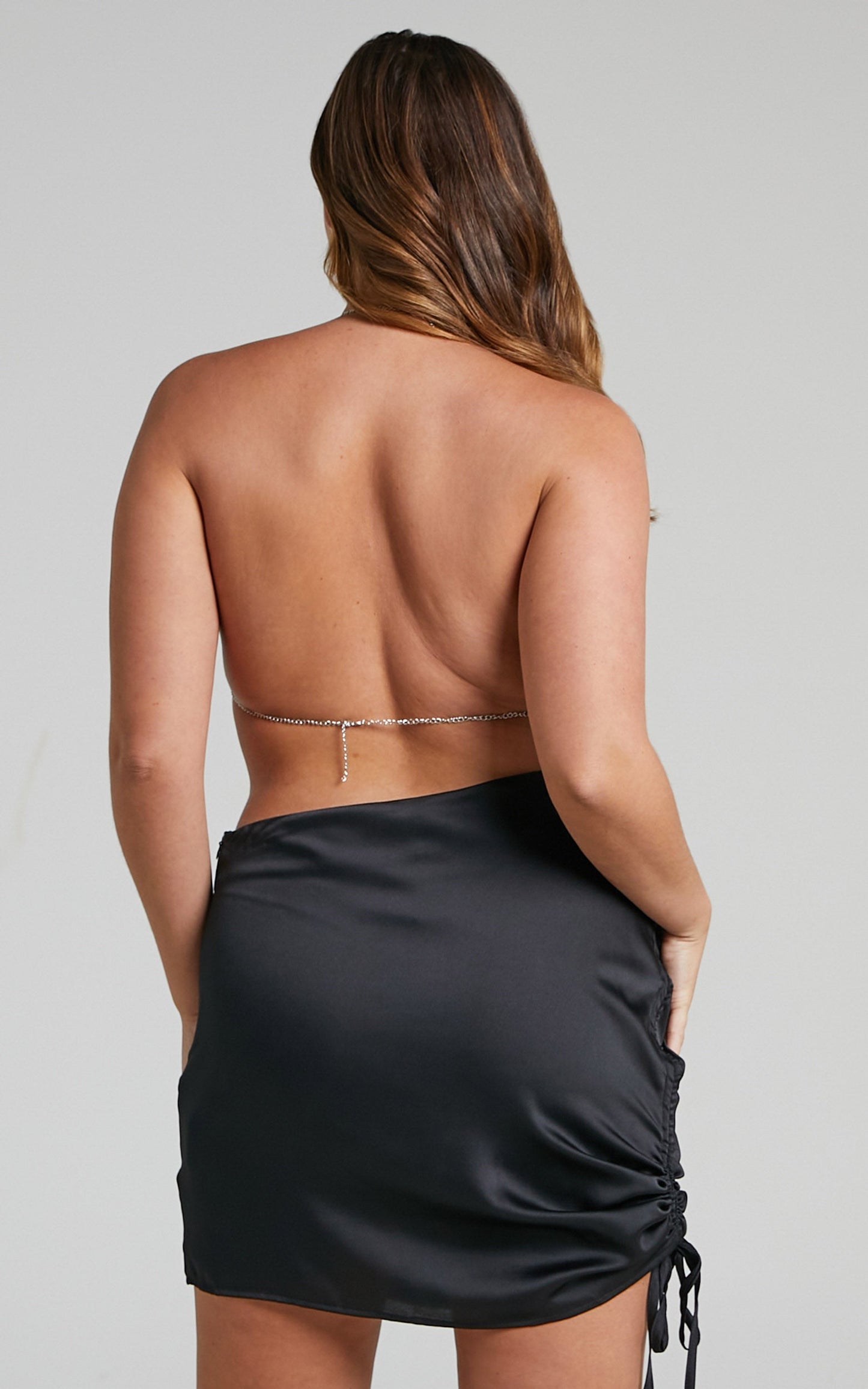 Sasha Top - V Hem Open Back Mesh Halter Crop Top in Gunmetal