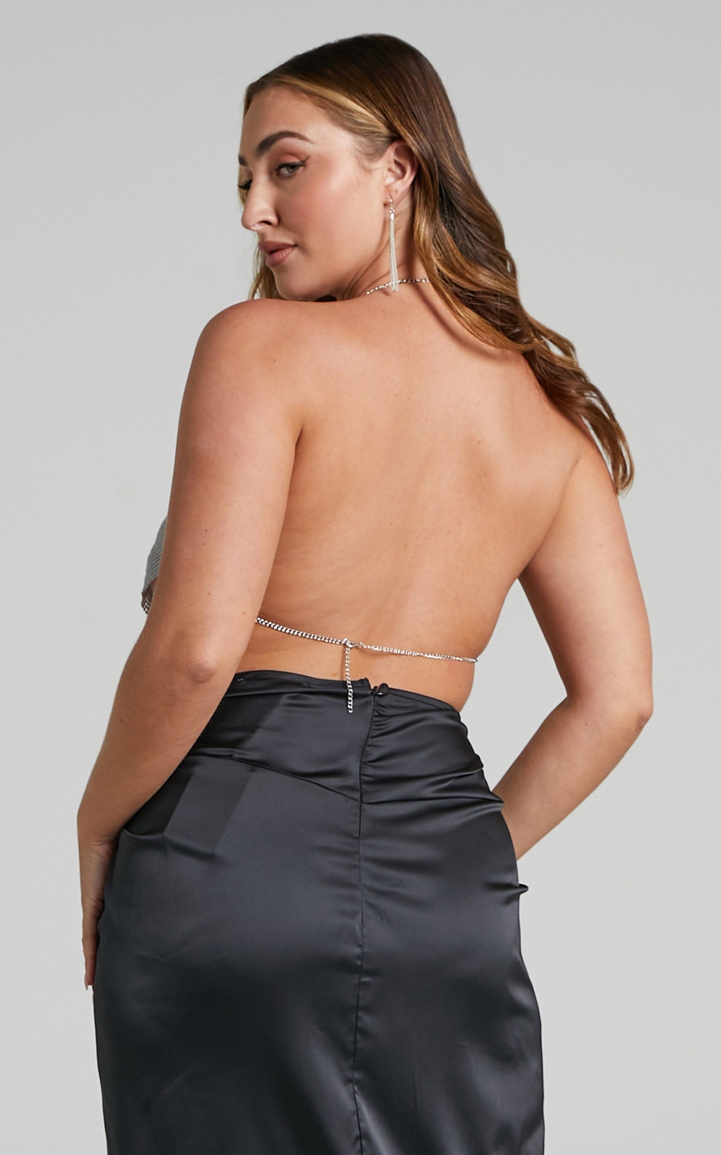 Sasha Top - V Hem Open Back Mesh Halter Crop Top in Silver/Gold