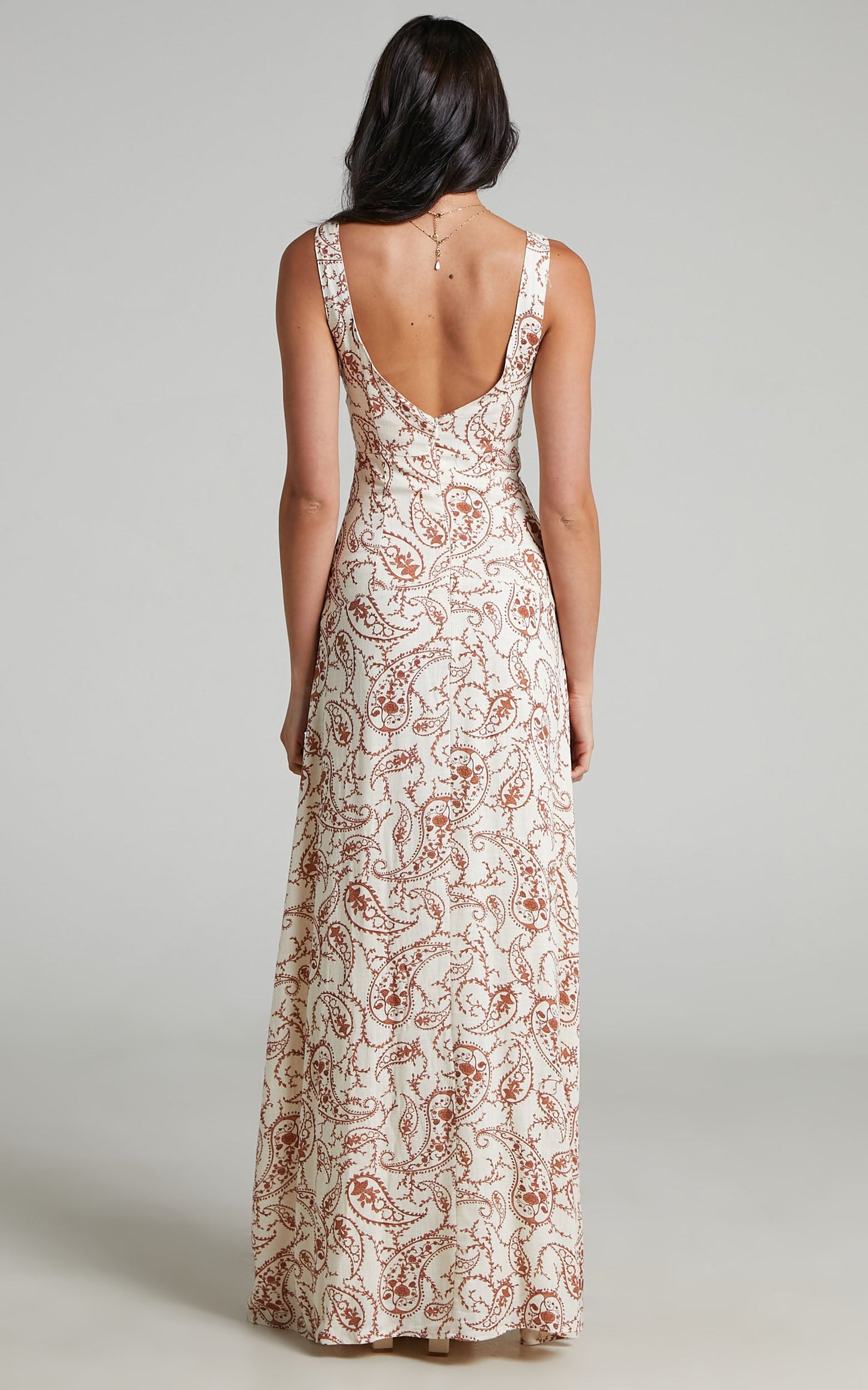 Edellen Midi Dress - Linen Cut Out Dress in Chocolate Paisley