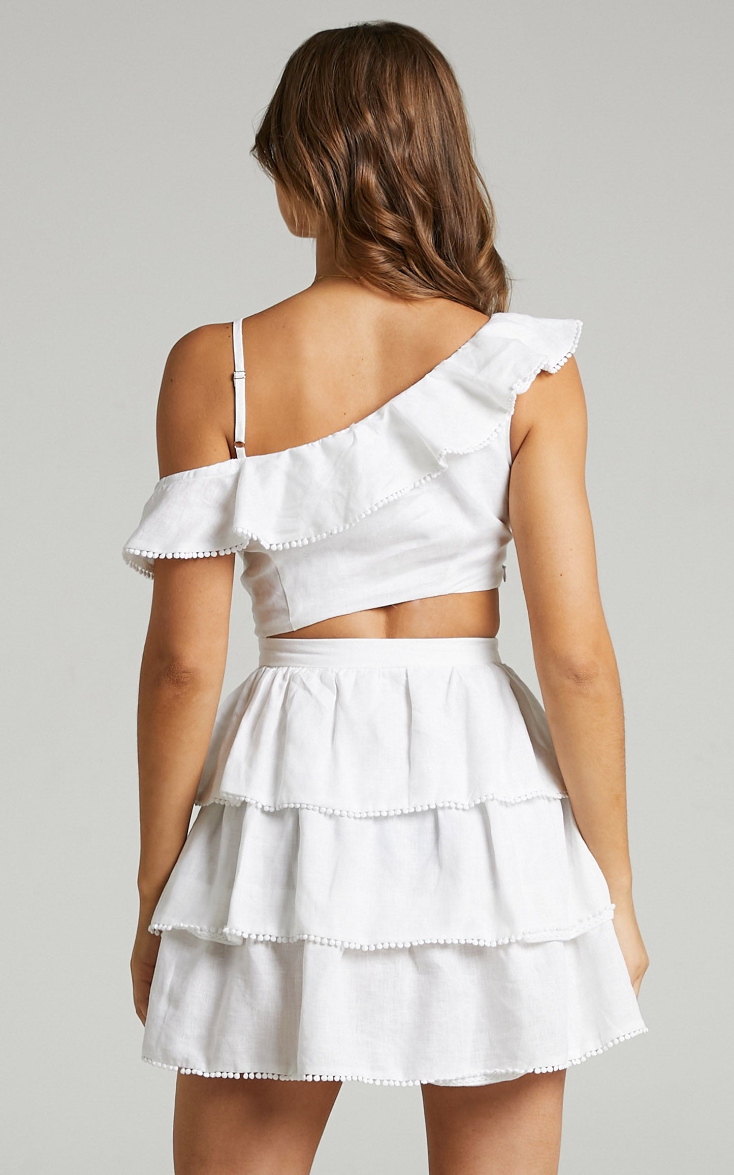 Mikasa Mini Dress - Linen Off Shoulder Frills Dress in White