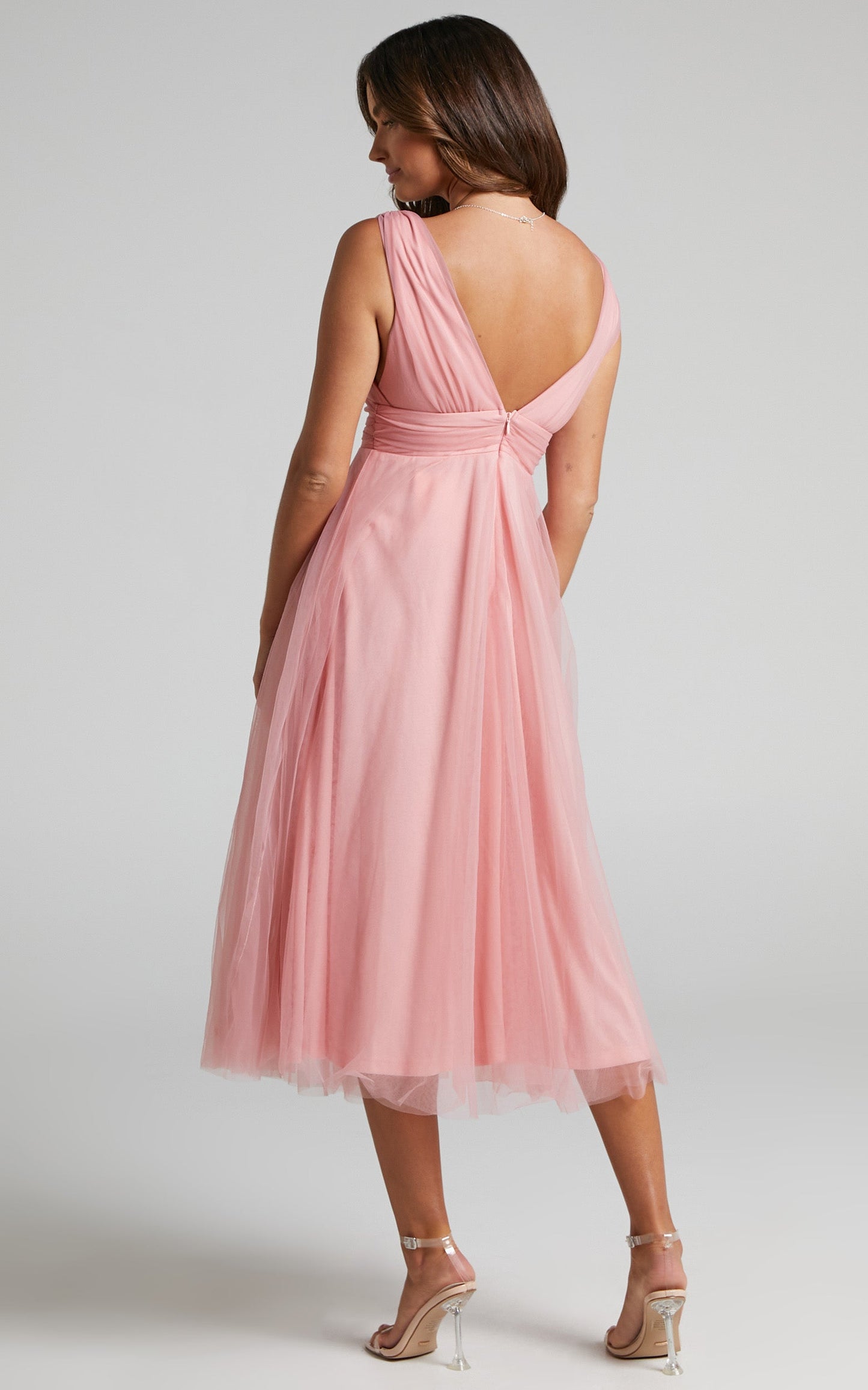 Agatha Midi Dress - Sleeveless V-Neck Organza Dress in Dusty Pink