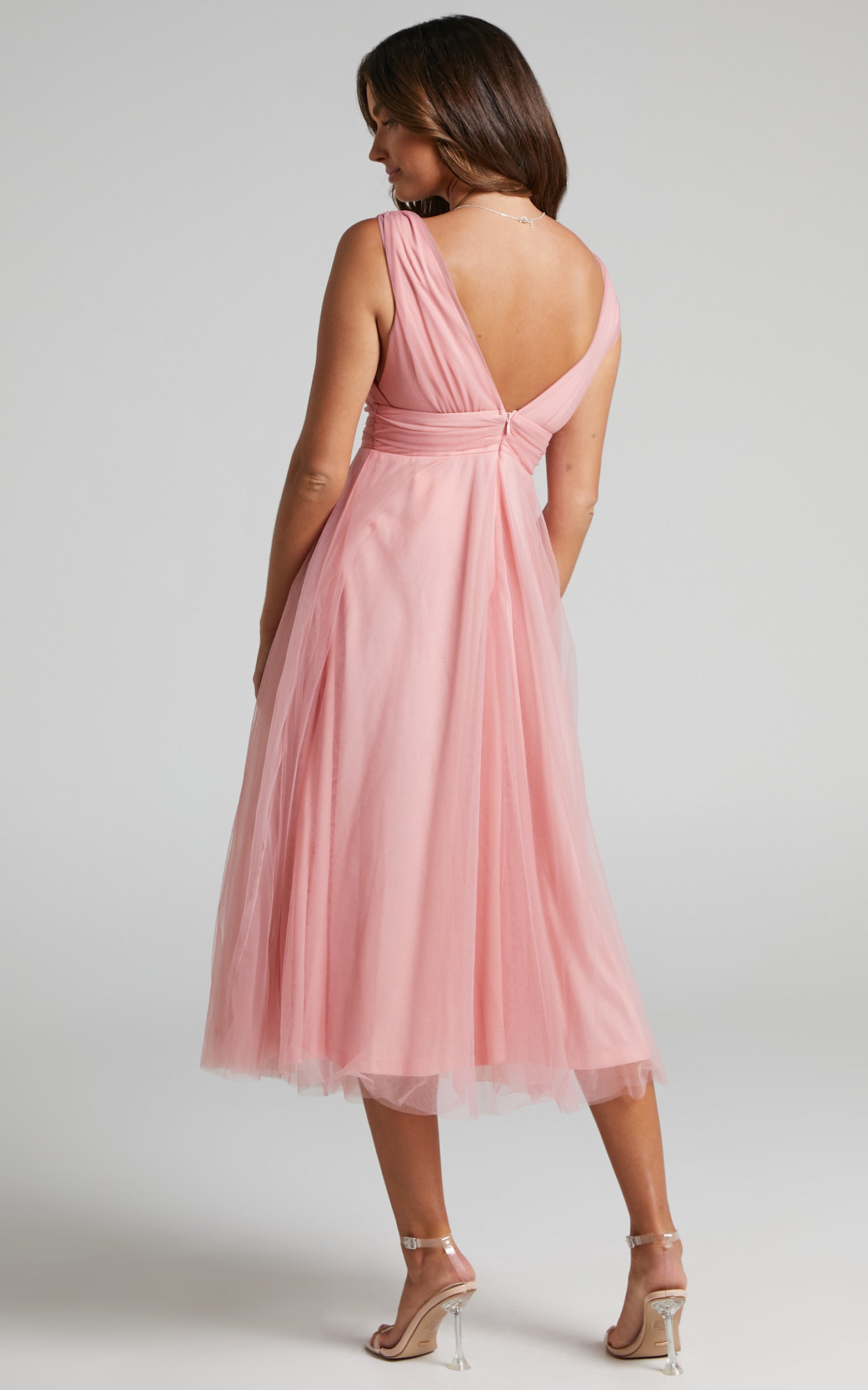 Agatha Midi Dress - Sleeveless V-Neck Organza Dress in Dusty Pink