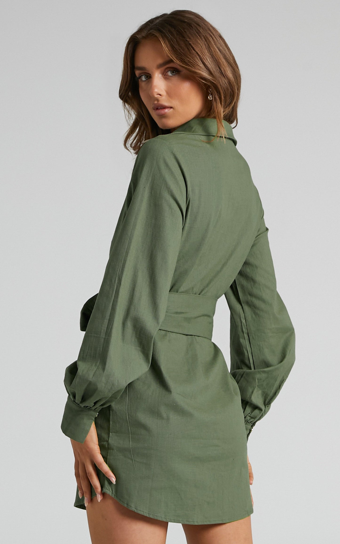 Aigneis Mini Dress - Linen Look Long Sleeve Shirt Dress in Khaki