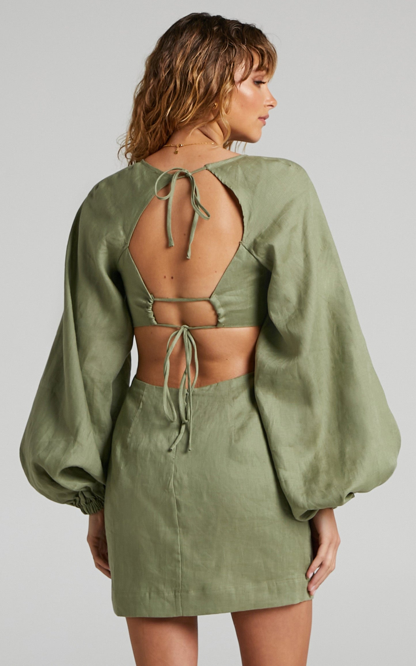 Amalie The Label - Aileen Linen Balloon Sleeve Cut Out Mini Linen Dress in Sage