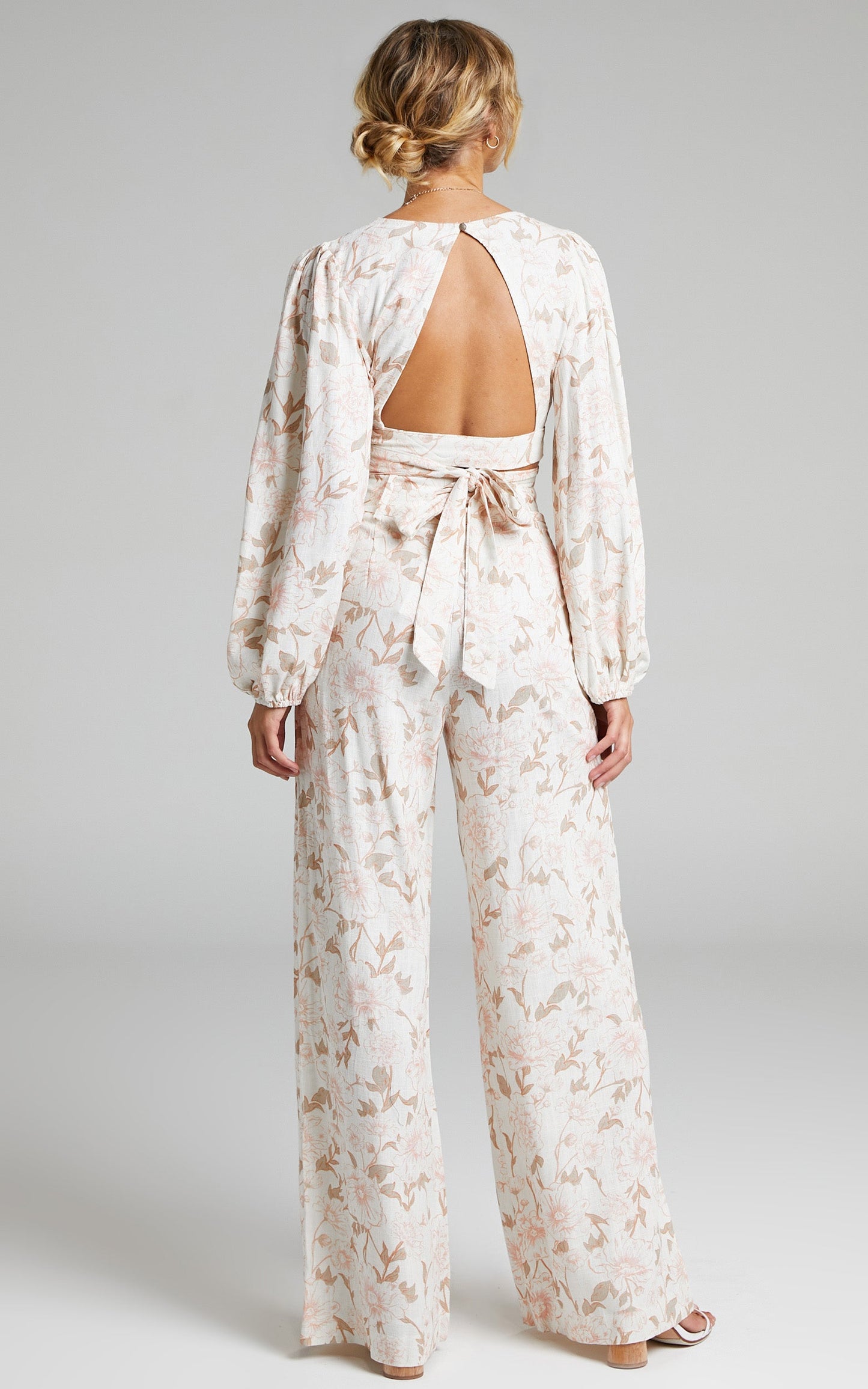 Amalie The Label - Clarette Linen Cotton Belted High Rise Wide Leg Pant in Pink Linear Floral