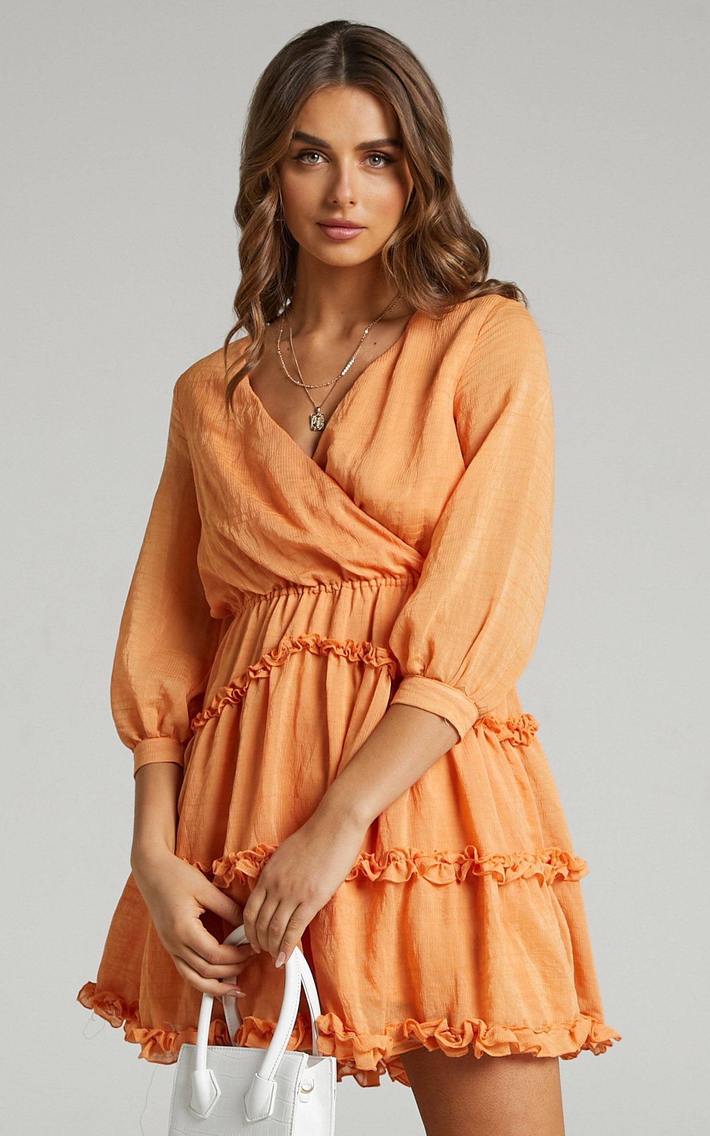 Antigone Frill Detail Open back mini dress in Orange