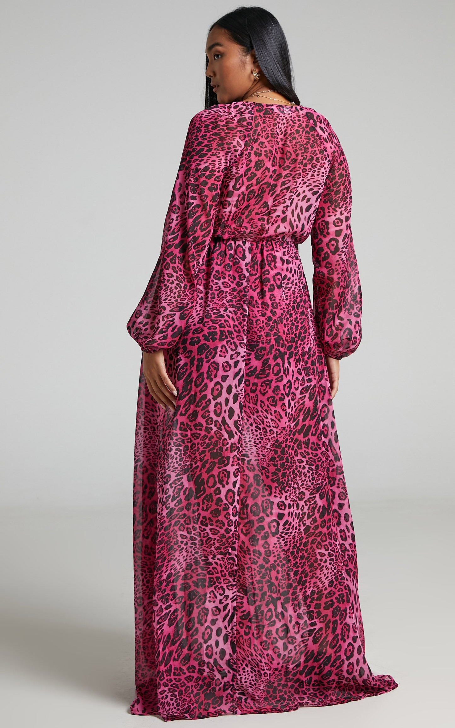 Aziza Playsuit - Plunge Neck Maxi Skirt Playsuit in Pink Leopard