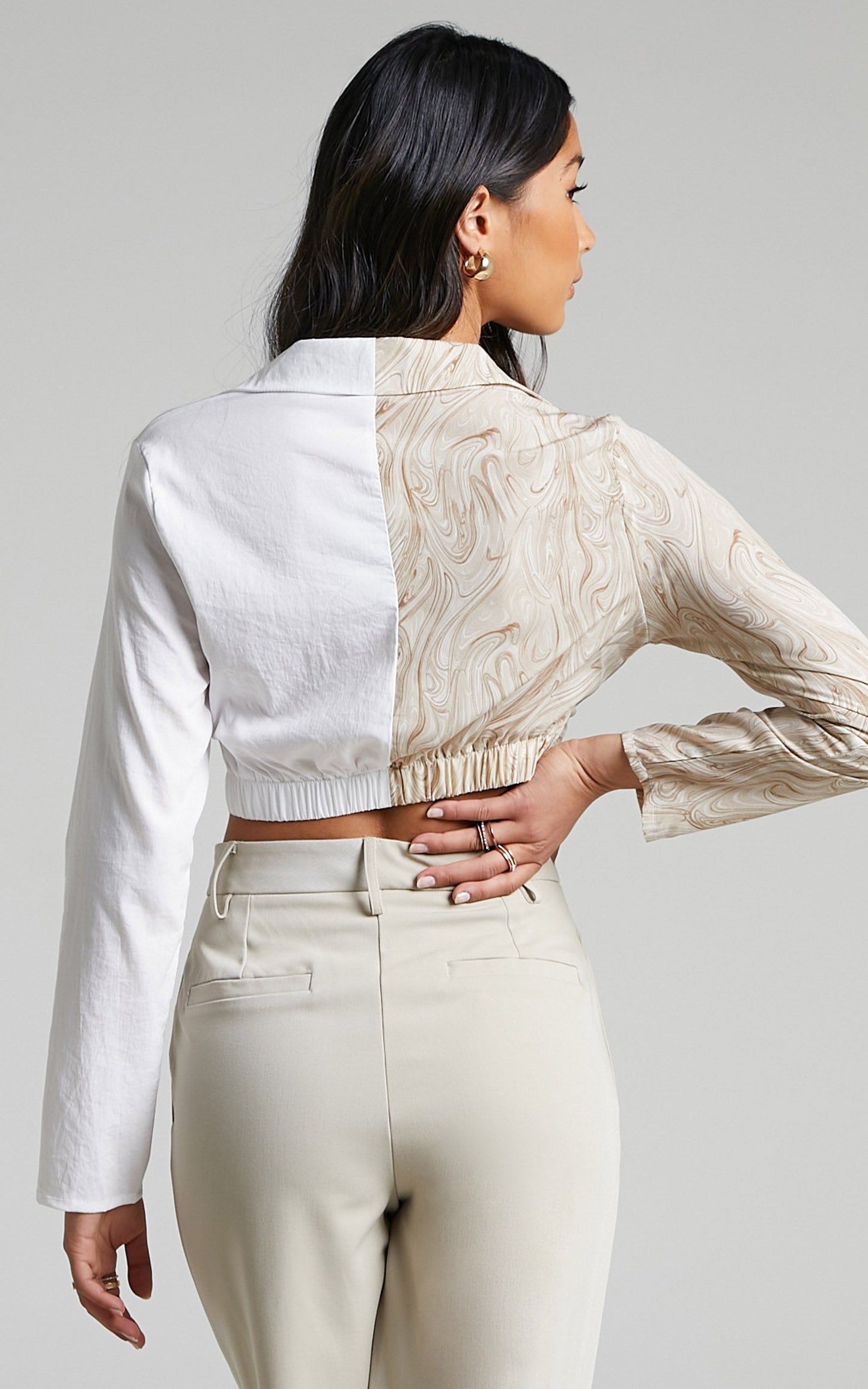 Baddeth Long Sleeve Top with Twist Front in White and Beige