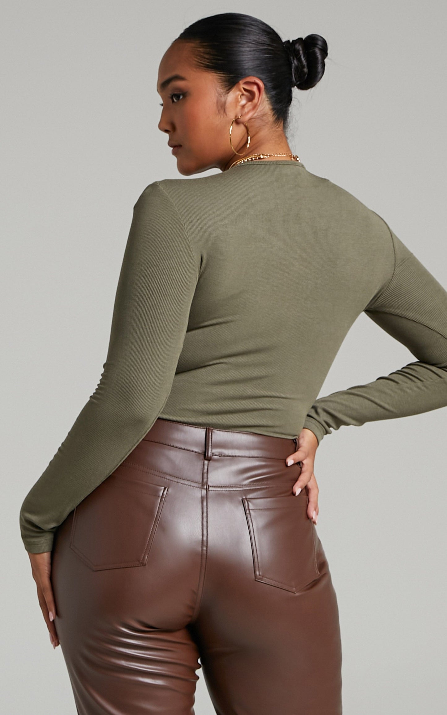 Billa Long Sleeve Ribbed Bodysuit in Khaki