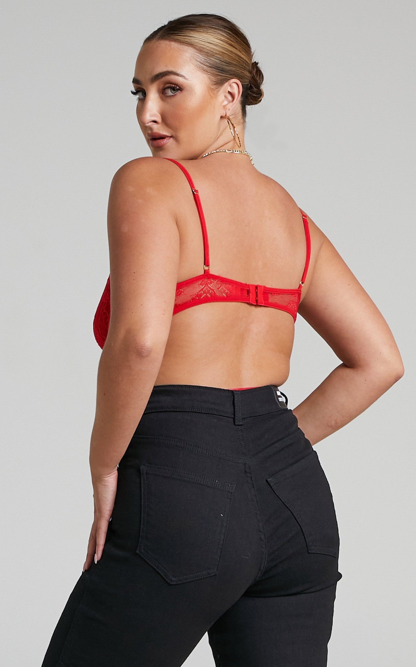Tharamay Strappy Open Back Lace Bodysuit in Red