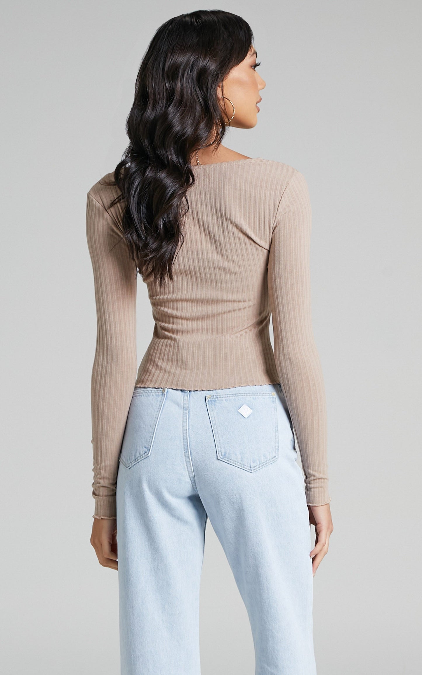 Complicate It Top - Long Sleeve Square Neck Top in Beige