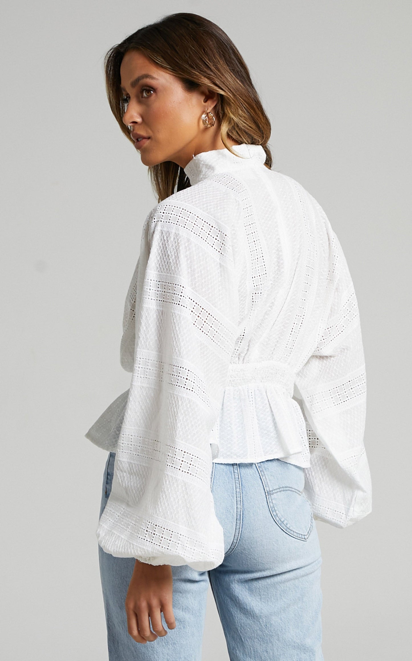 Court High Neck Long Sleeve Top in White Broderie