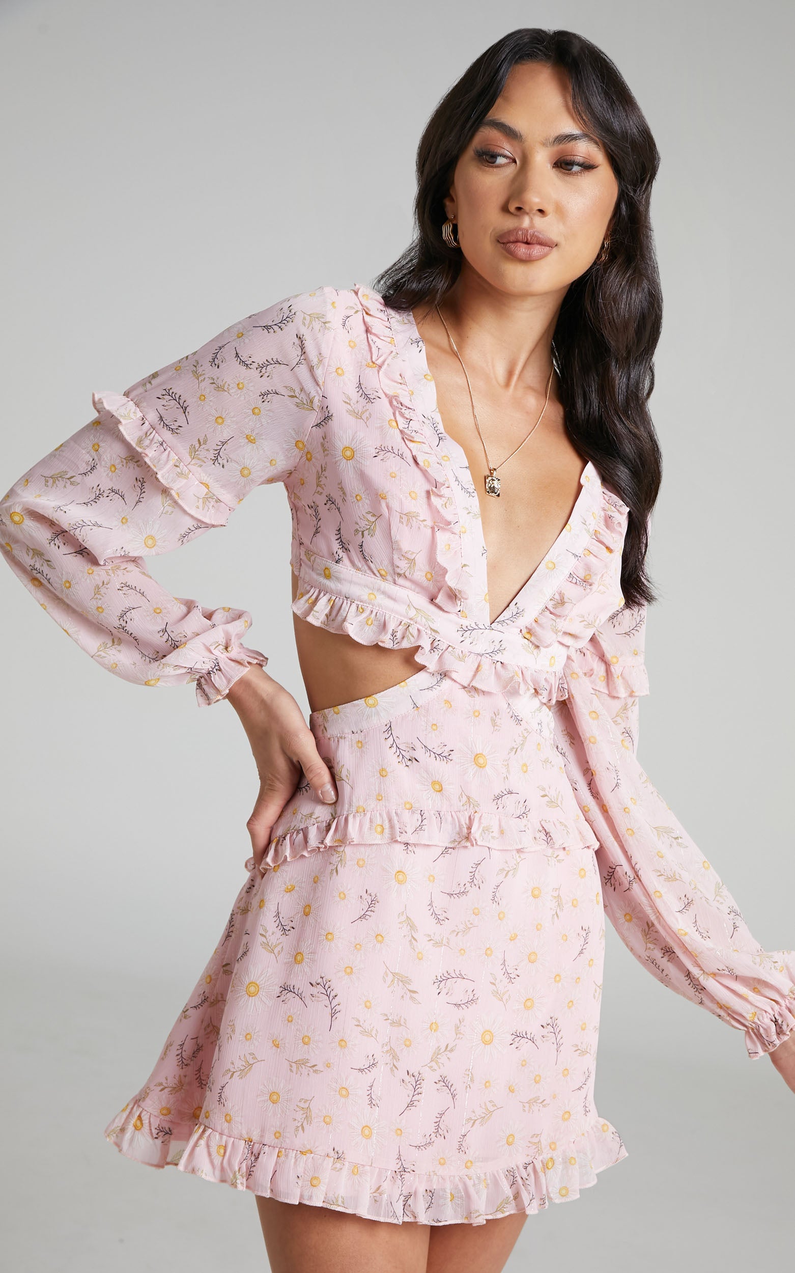 Crystabel Long Sleeve Tie Back Mini Dress in Pink