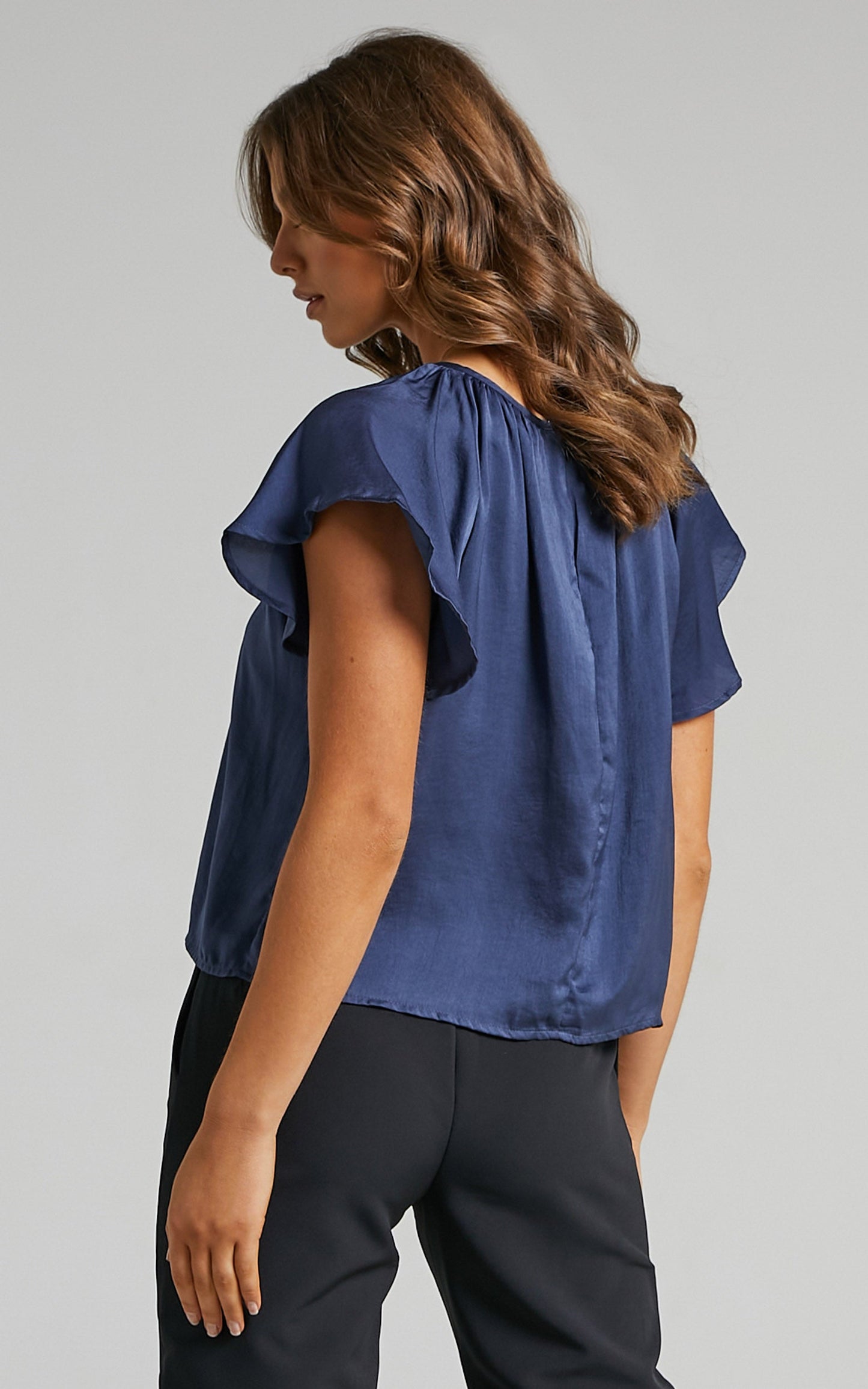 Demmi Top - Key Hole Flutter Sleeve Top in Navy