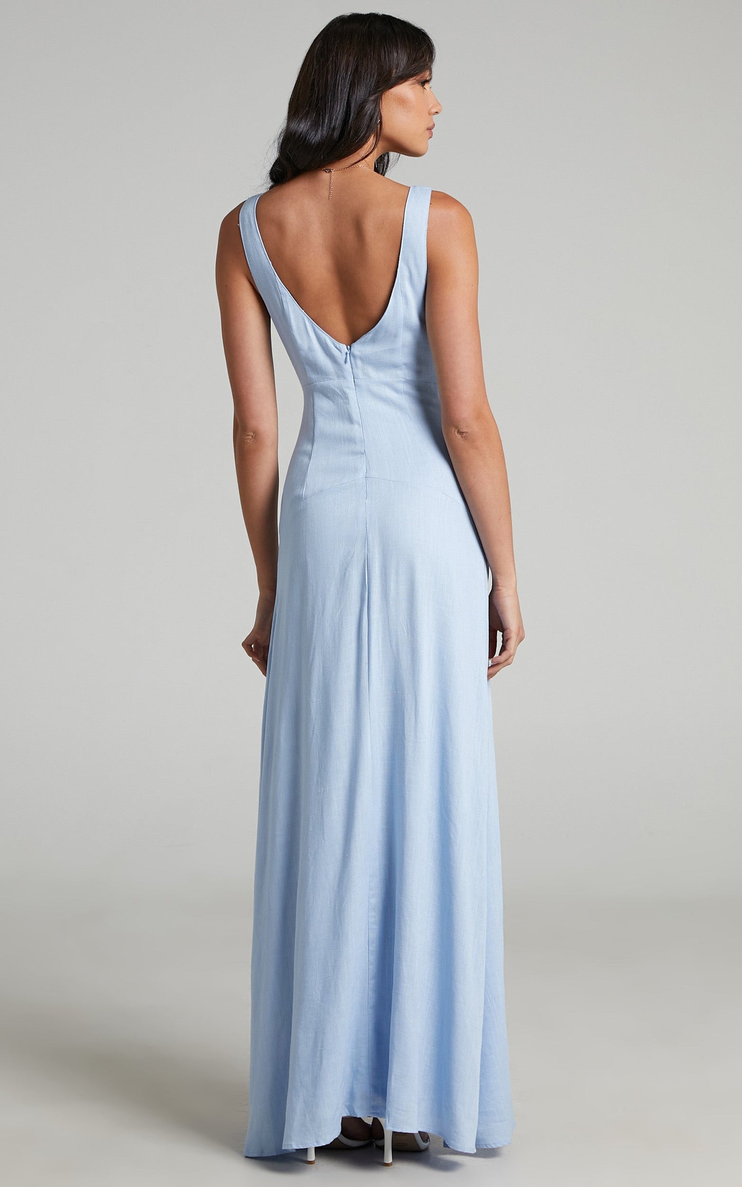 Edellen Midi Dress - Linen Cut Out Dress in Cornflower Blue