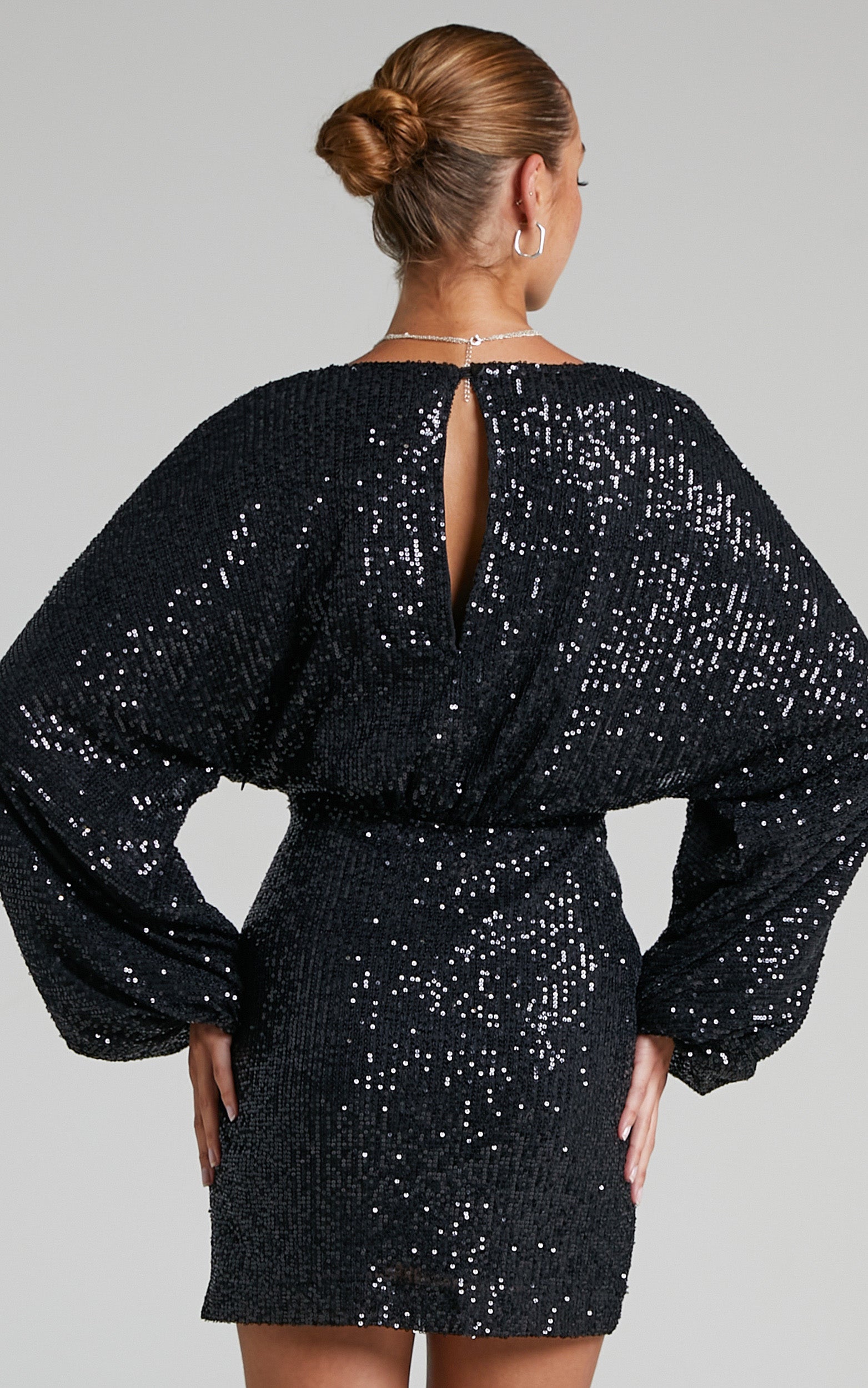 Erine Mini Dress - Long Sleeve Sequin Dress in Black