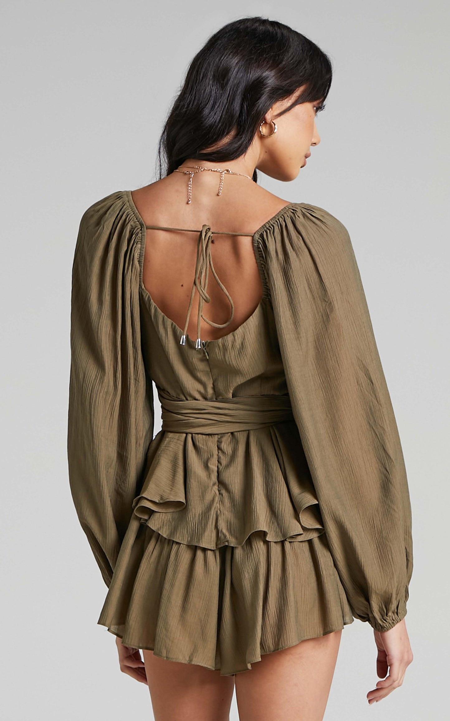 Florice Playsuit - Wrap Front Frill Playsuit in Khaki