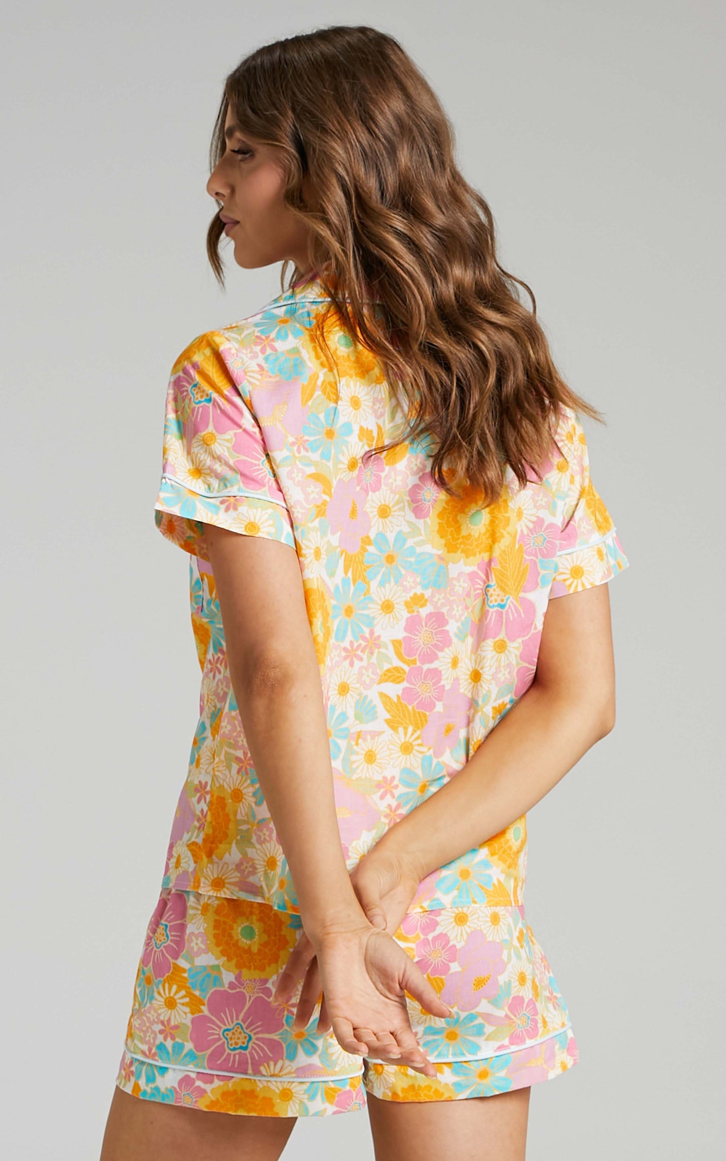 Freyda Cotton Voile Sleep Collared Shirt Two Piece Set in Pink Floral