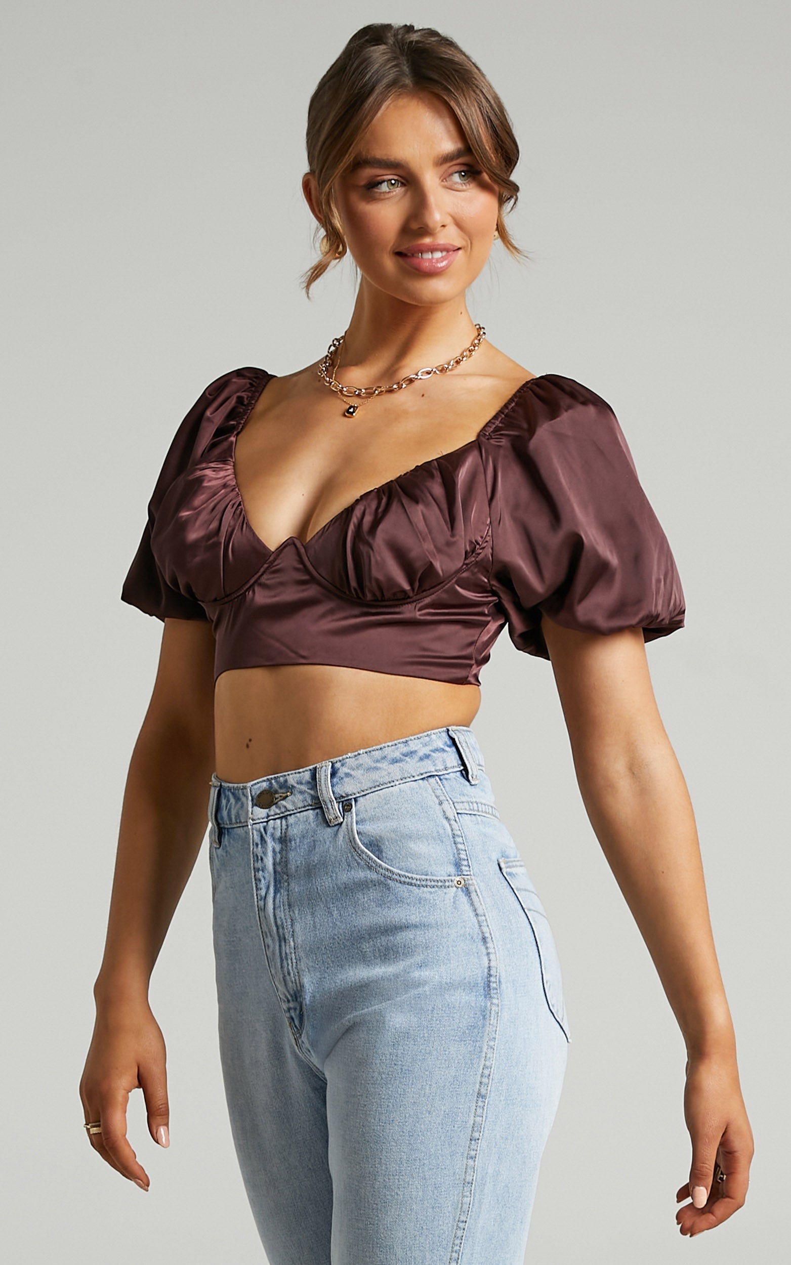Joaquin Cropped Top with Underbust Wire and Puff Sleeves in Chocolate Satin