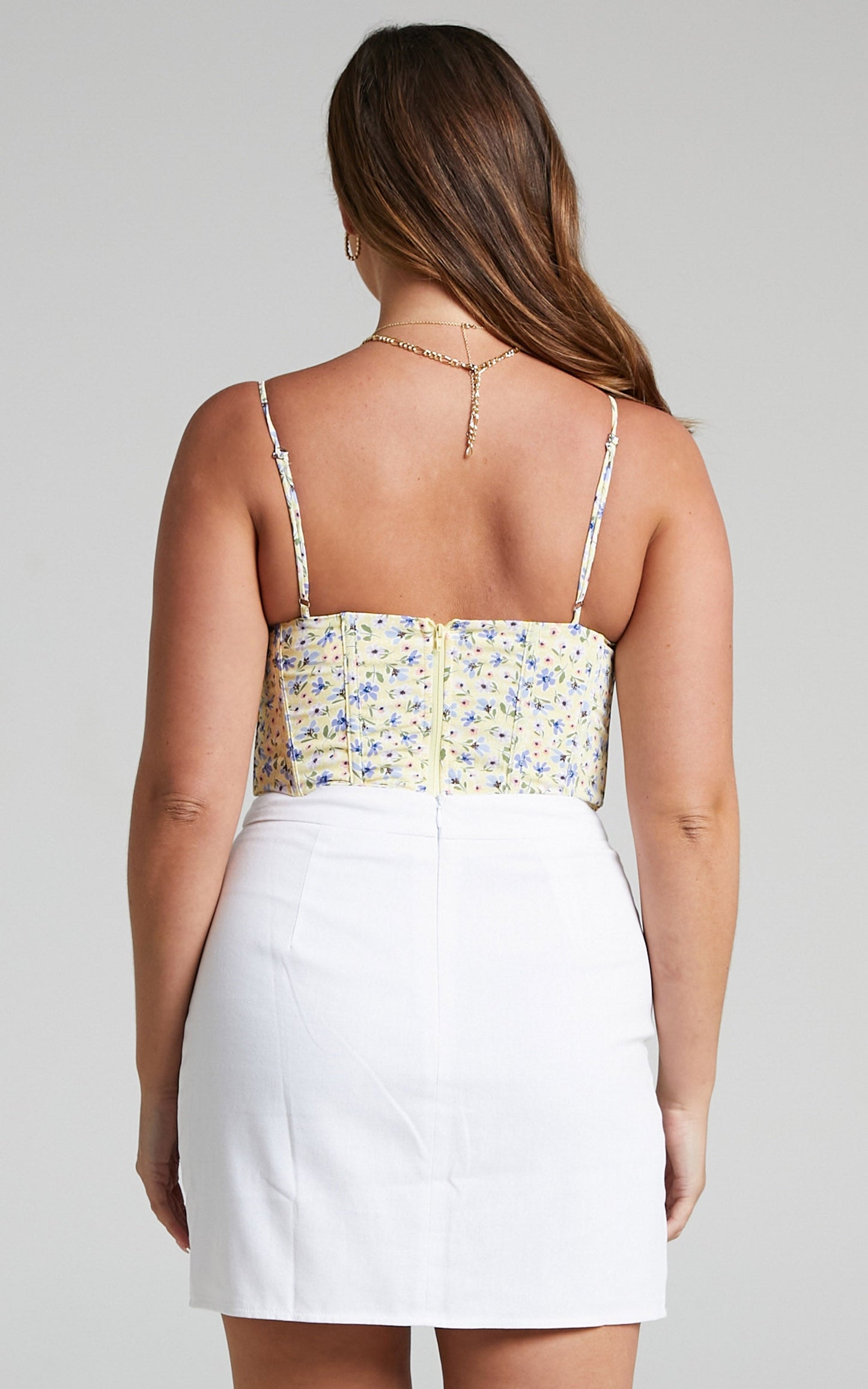 Julietha Floral Basque Corset Crop Top in Yellow Floral