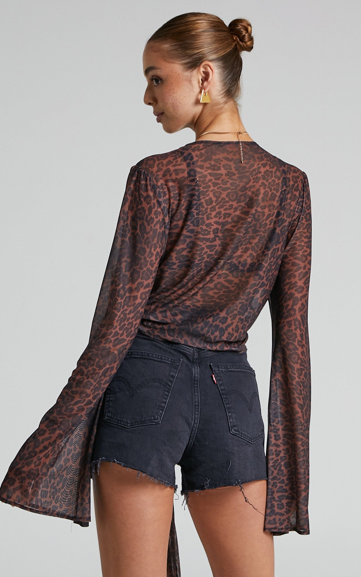 Kerensa Top - Sheer Tie Front Bell Sleeve Top in Winter Wild