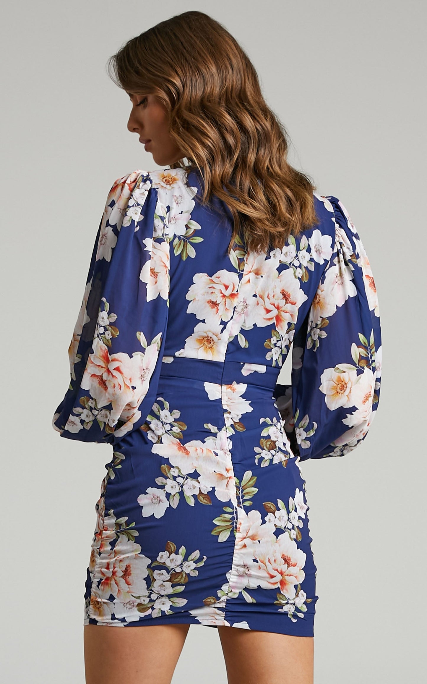 Latiana Mini Dress - Ruched Plunge Neck Dress in Royal Floral