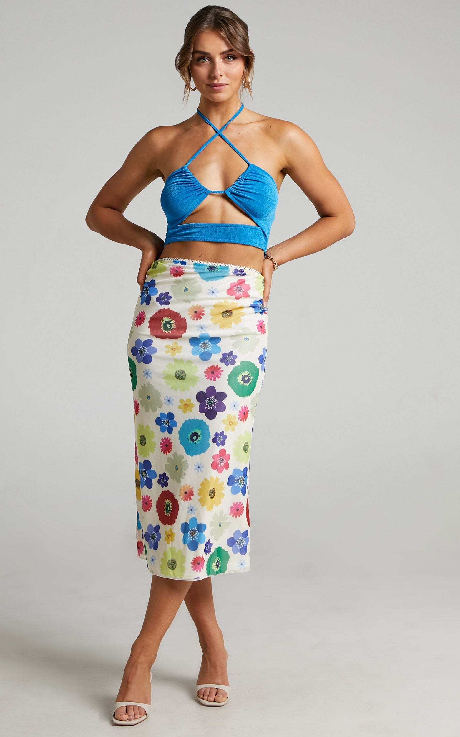 Leontine Top - Cropped Cut out Halter Top with ties in Blue