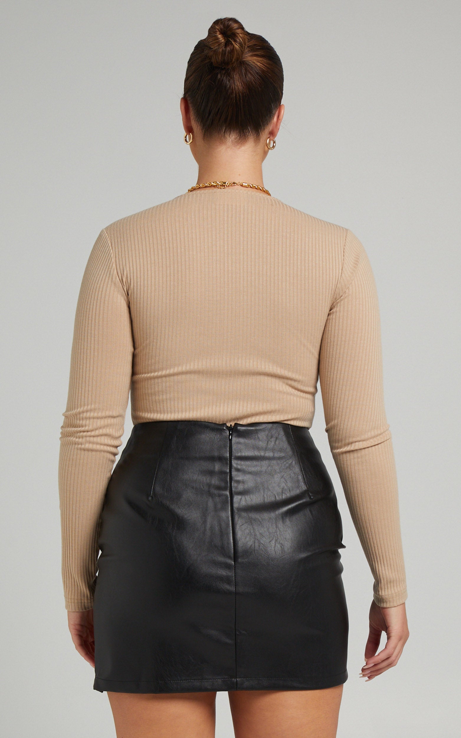 Mahony Bodysuit -  Longsleeve Rib Bodysuit in Beige