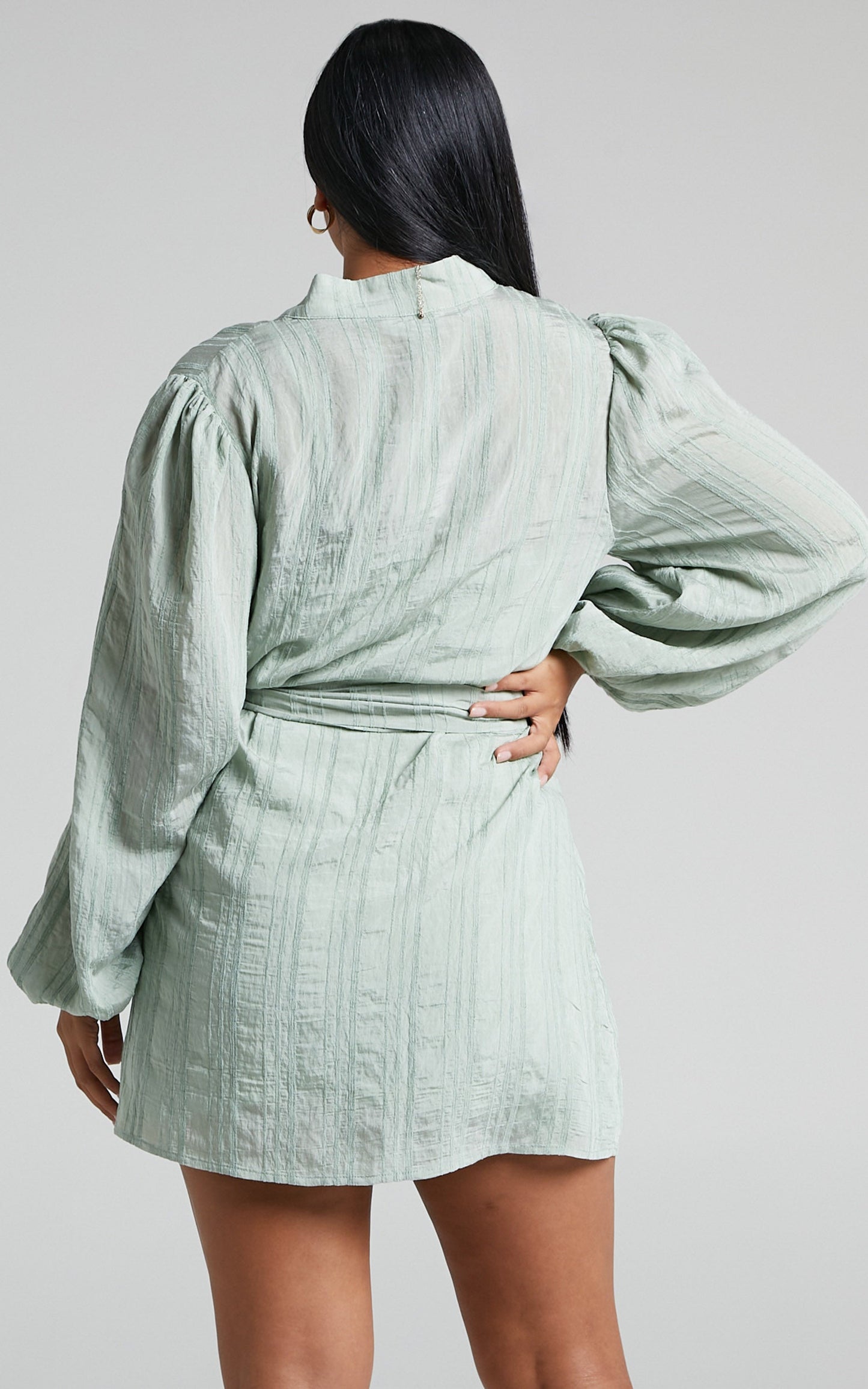 Maika Mini Dress - Button Up Balloon Sleeve Shirt Dress in Sage