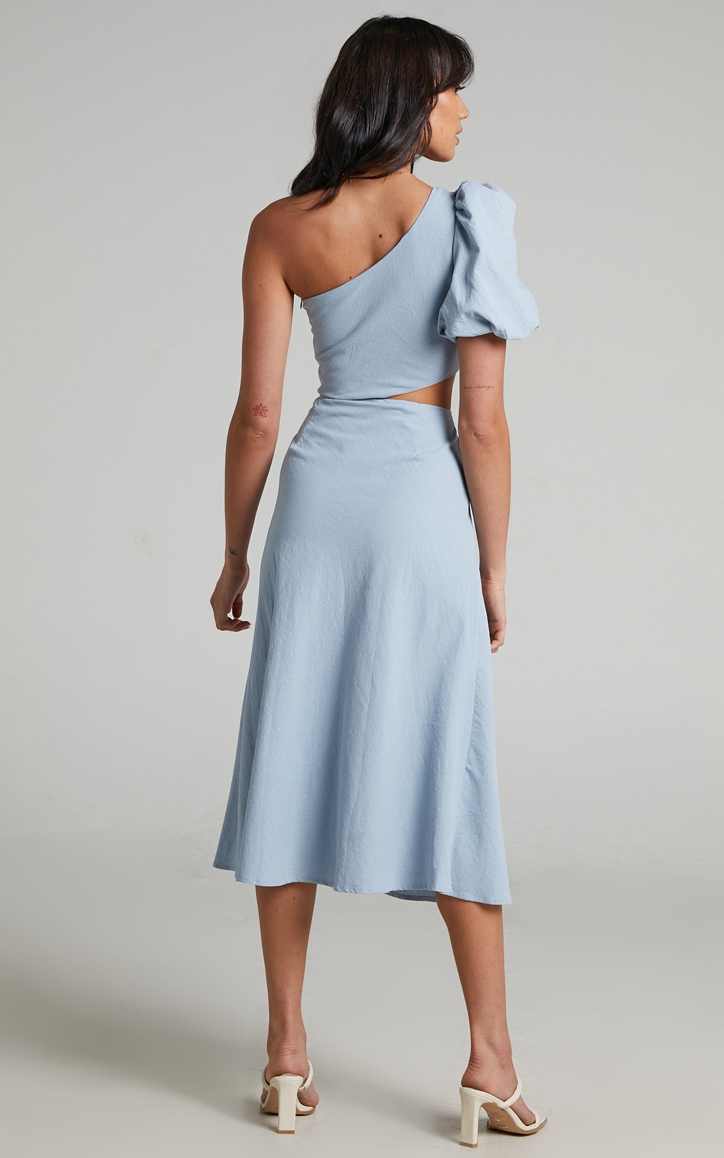 Marcia Midi Dress - One Shoulder Dress with Side Cut Out in Cornflower Blue Linen Look