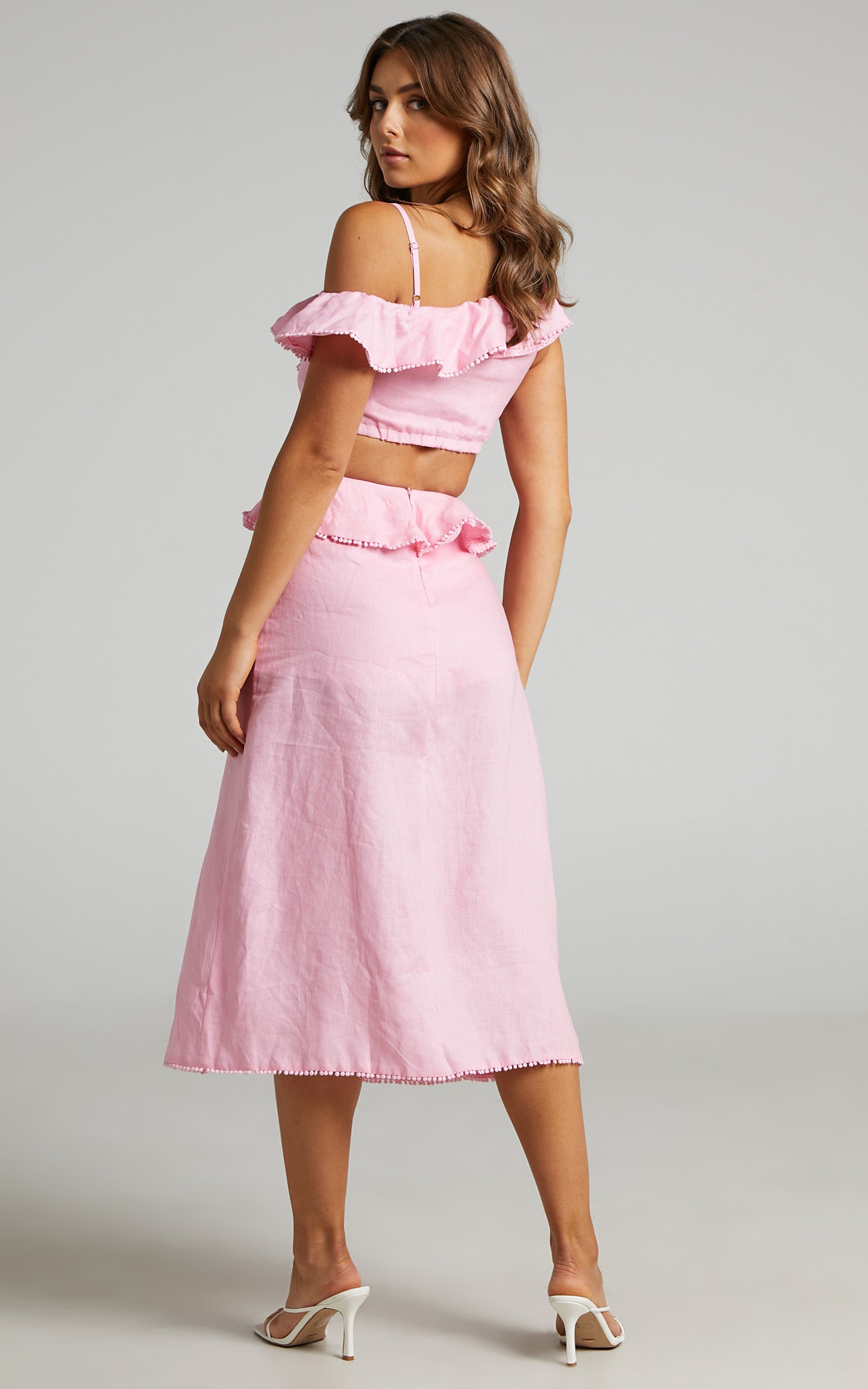 Marthell Midi Dress - Linen Cut Out Asymmetric Shoulder Frill Dress in Light Pink