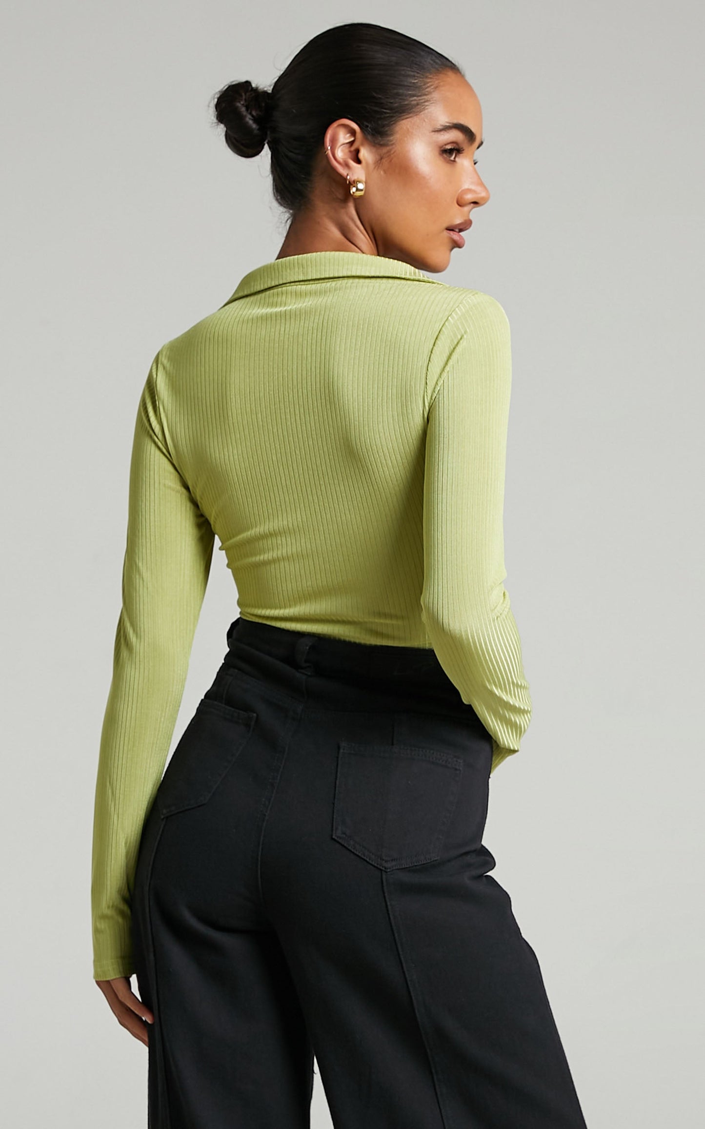 Marvel Collared Long Sleeve Top in Green Rib