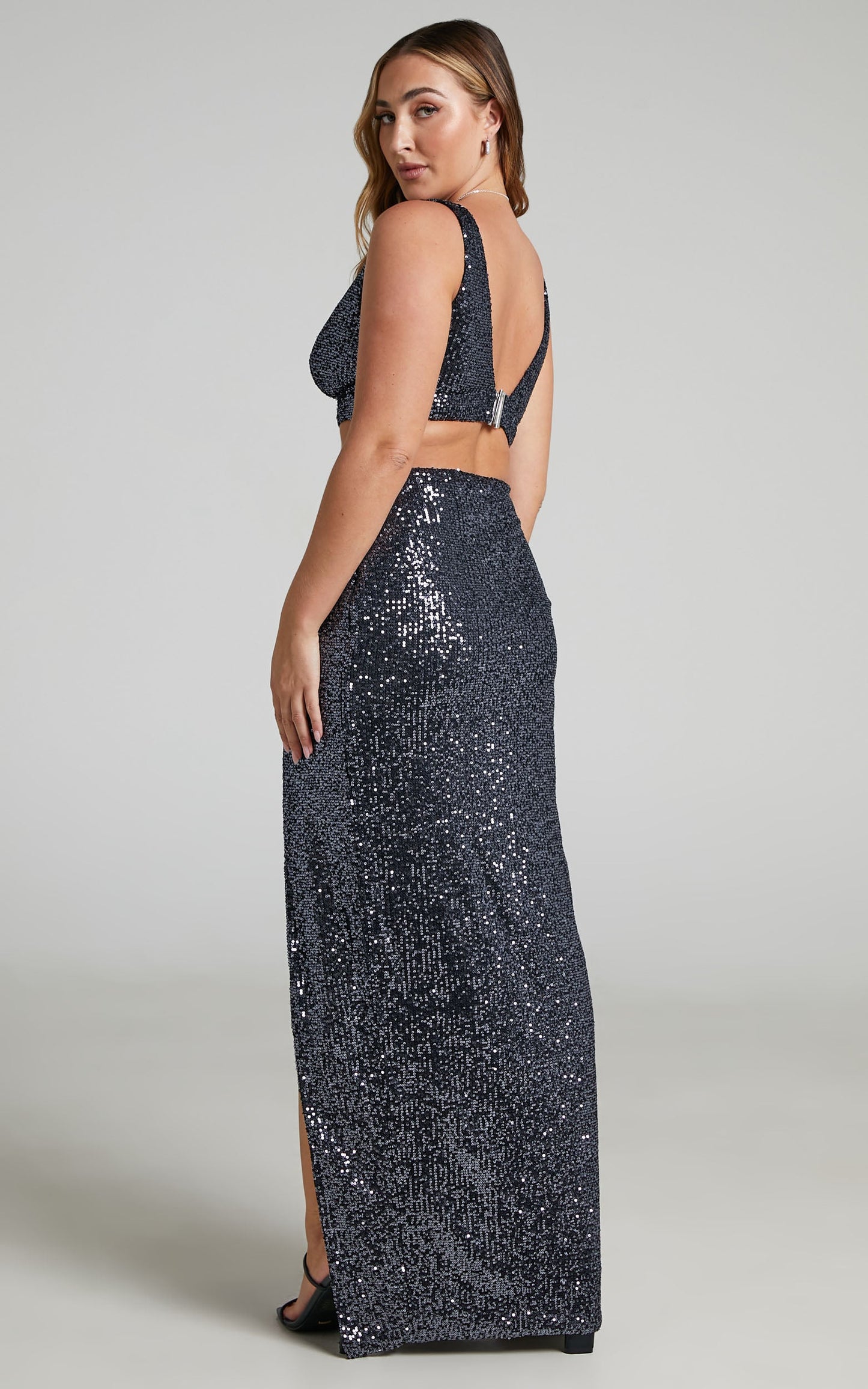 Maymae Two Piece Set - Crop Top and High Slit Midi Skirt Sequins Set in Black