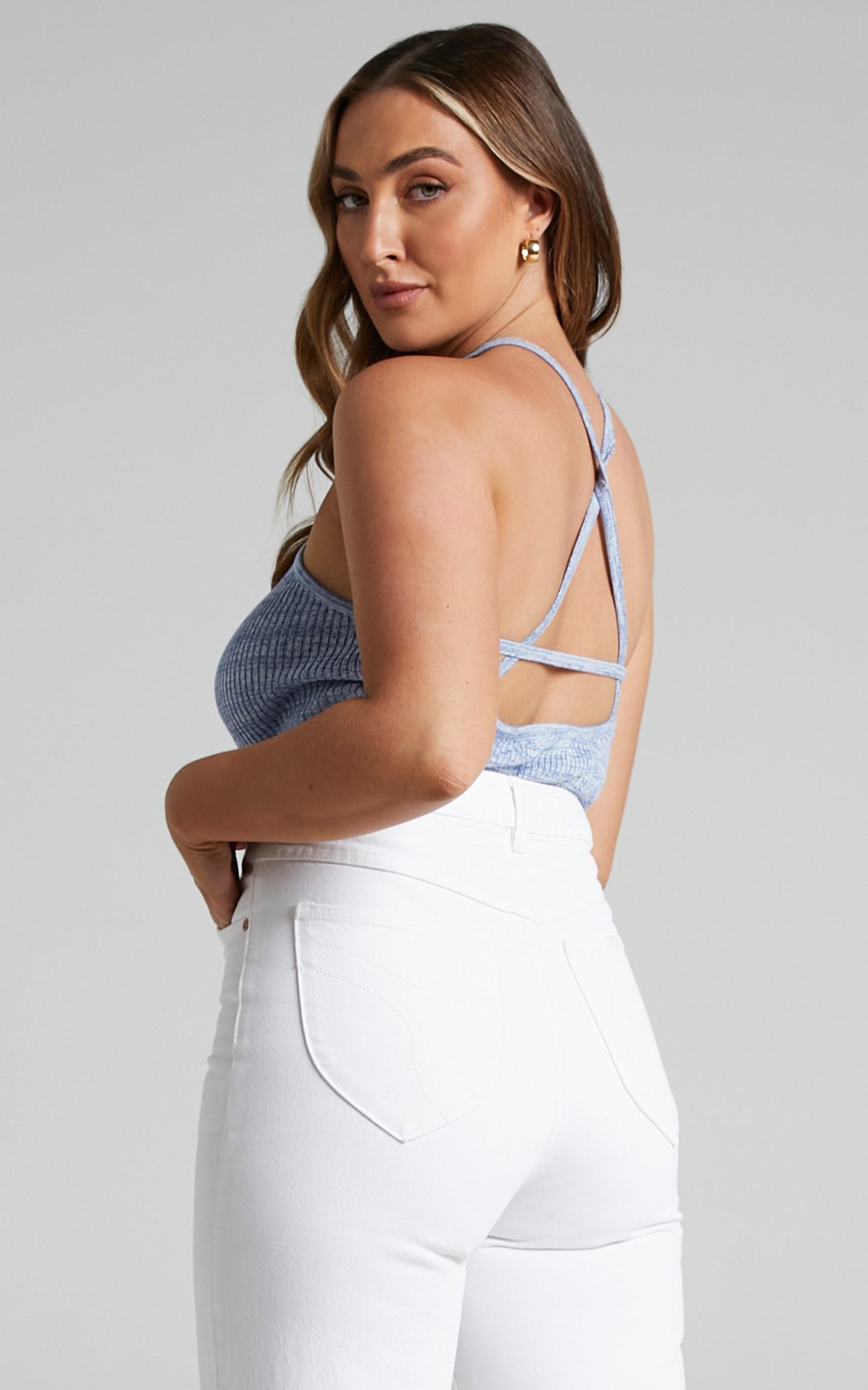 Merithel Ribbed Knit Cross Halter Bodysuit in Space Dye Blue