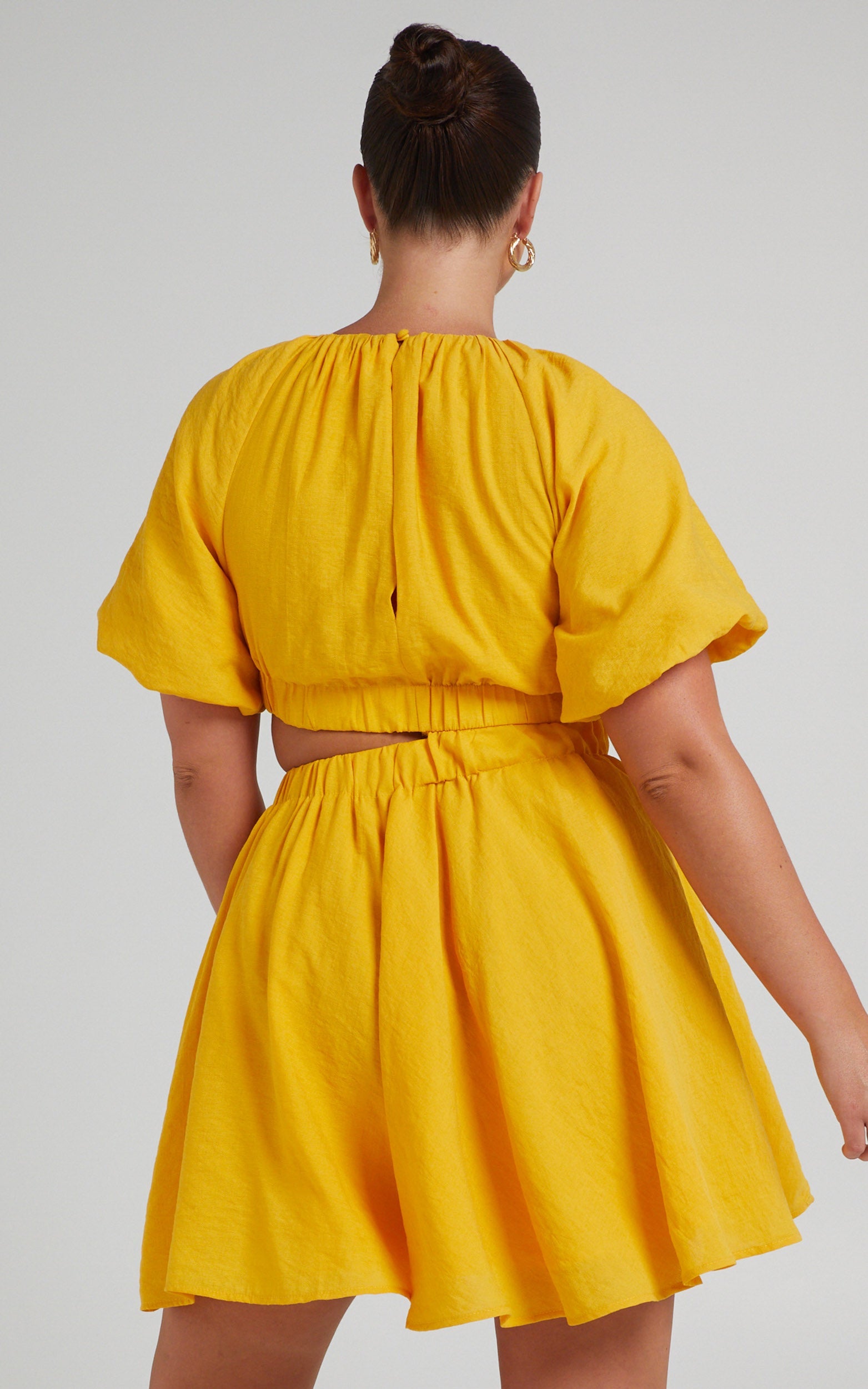 Hadley Mini Dress - Puff Sleeve Cut Out Dress in Yellow