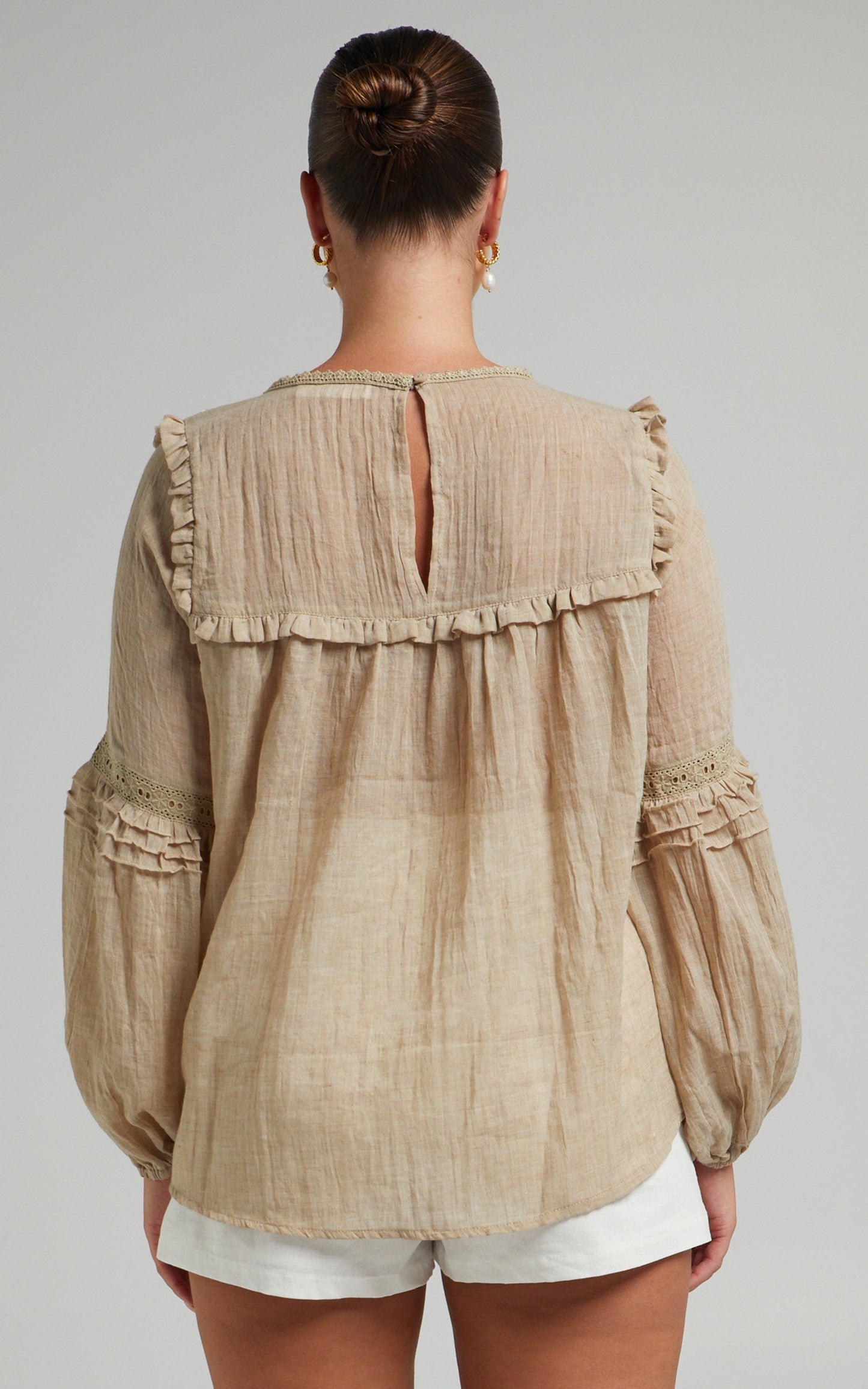 Izeth Long Sleeve Broderie Trim Blouse in Beige