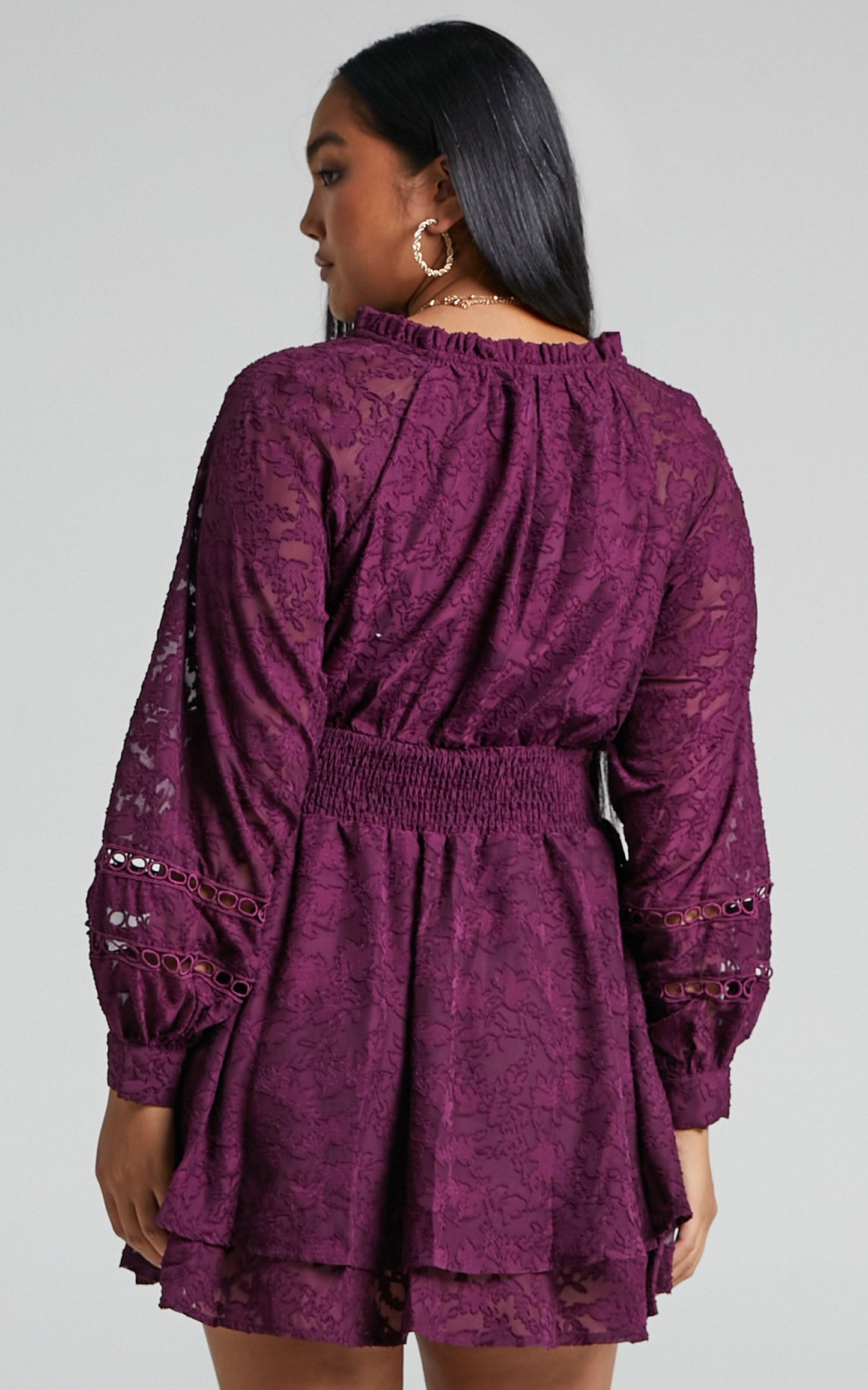 Millahna Long Sleeve Circle Trim Tiered Mini Dress in Plum