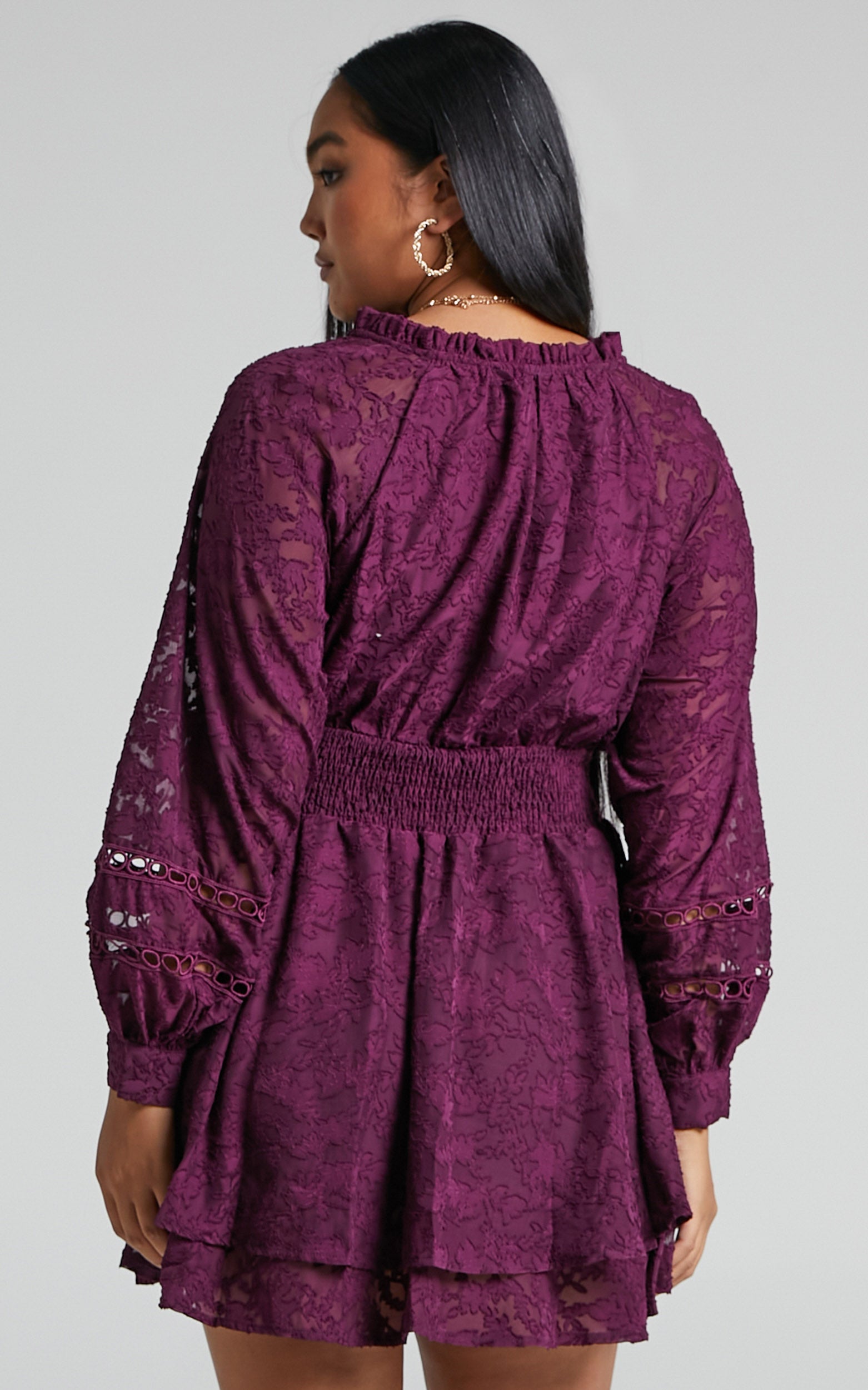 Millahna Long Sleeve Circle Trim Tiered Mini Dress in Plum
